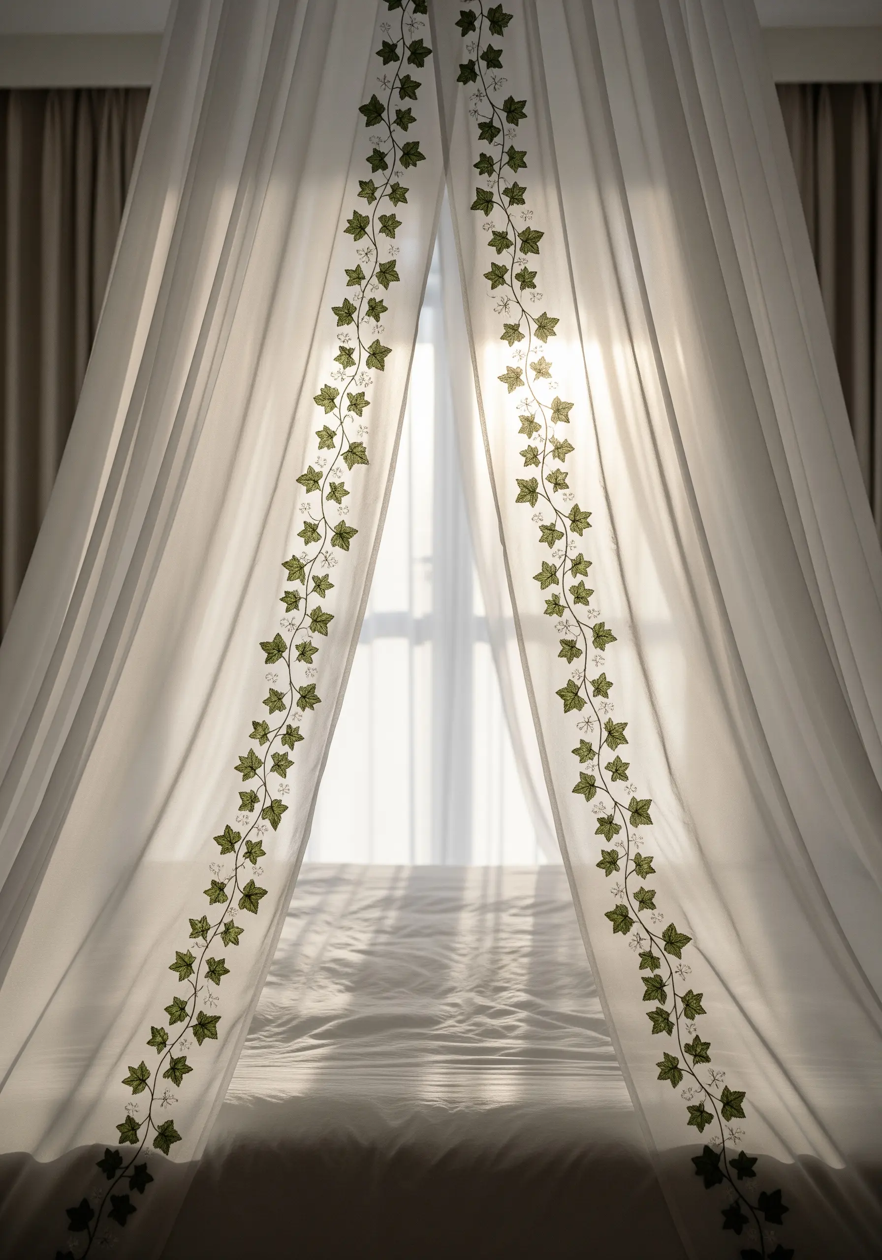 Sheer white bed canopy curtains with delicate green ivy vines embroidered along the opening edges.