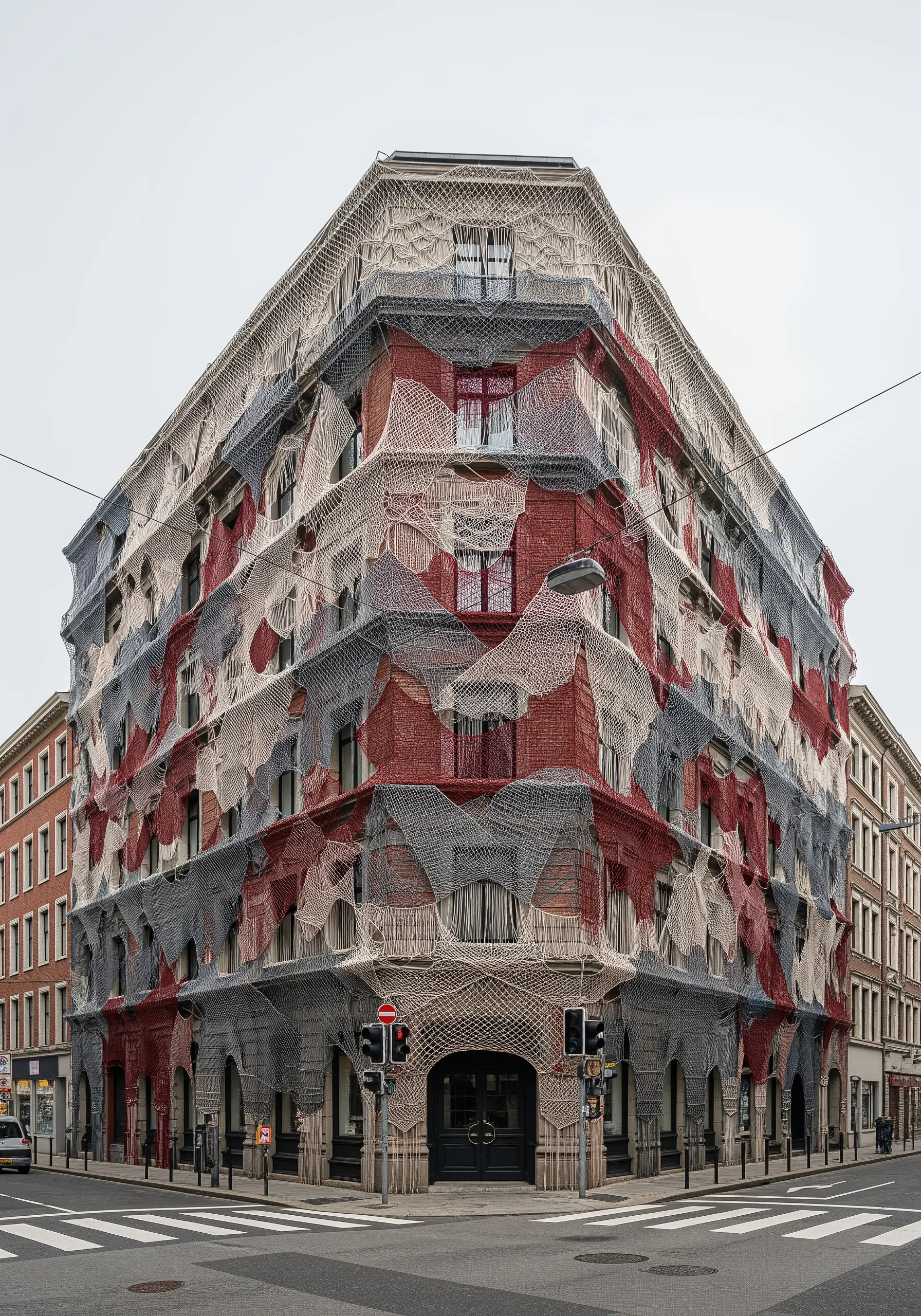 A historic building is draped in a massive, custom-knotted net made of red, grey, and cream yarn.
