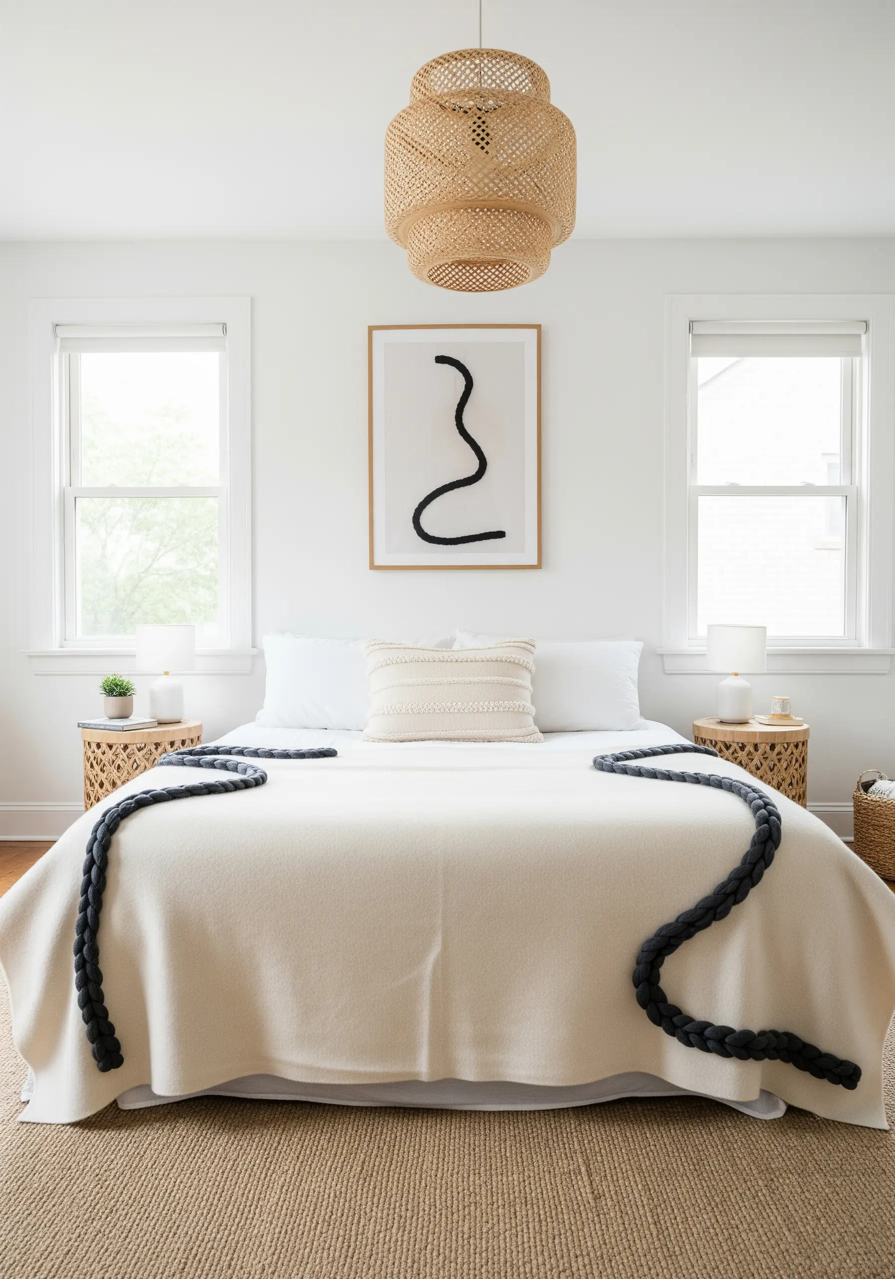 A super chunky black knitted yarn chain draped across the foot of a neutral-colored bed.