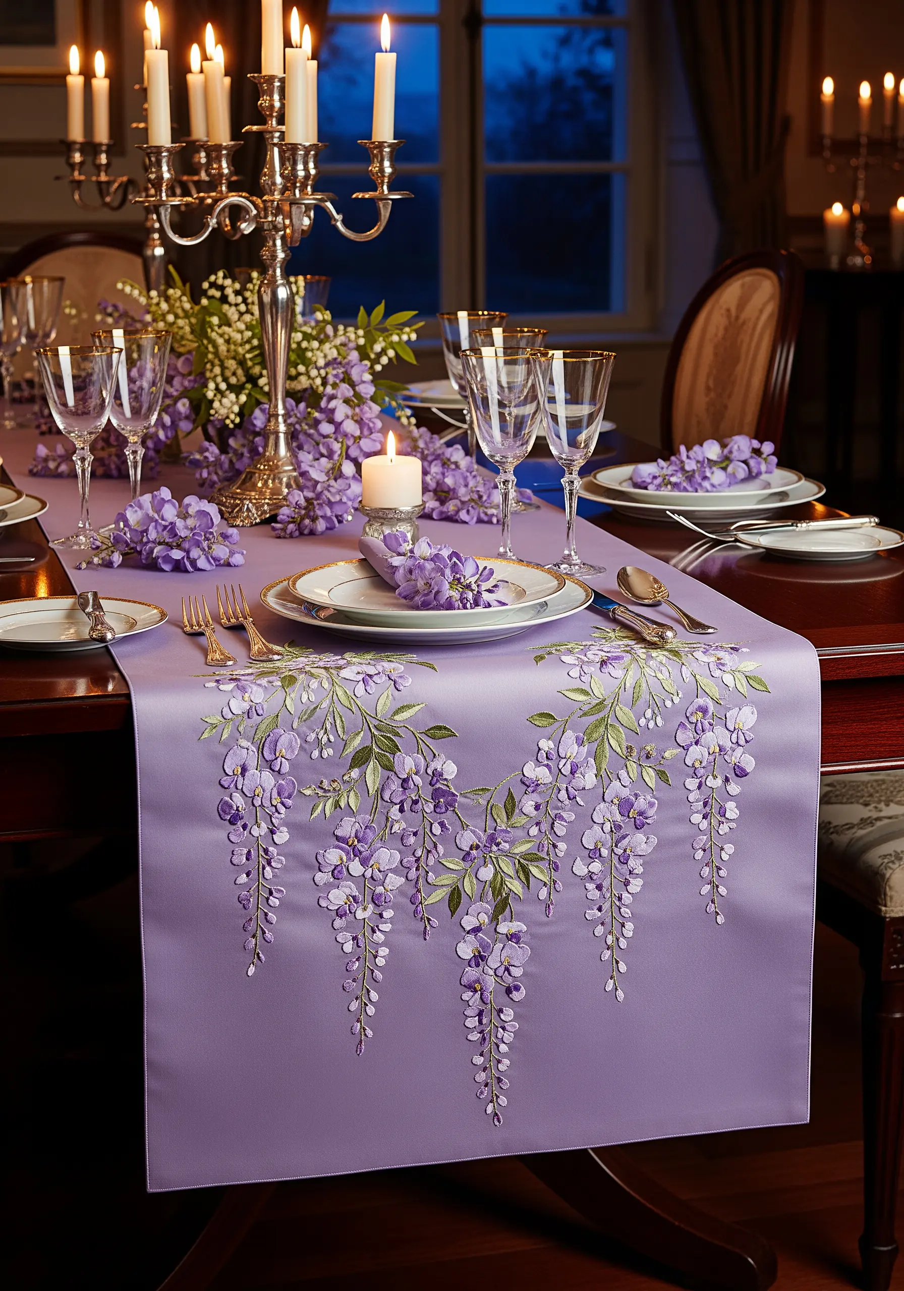 Cascading wisteria embroidery in shades of purple on the end of a lavender table runner.