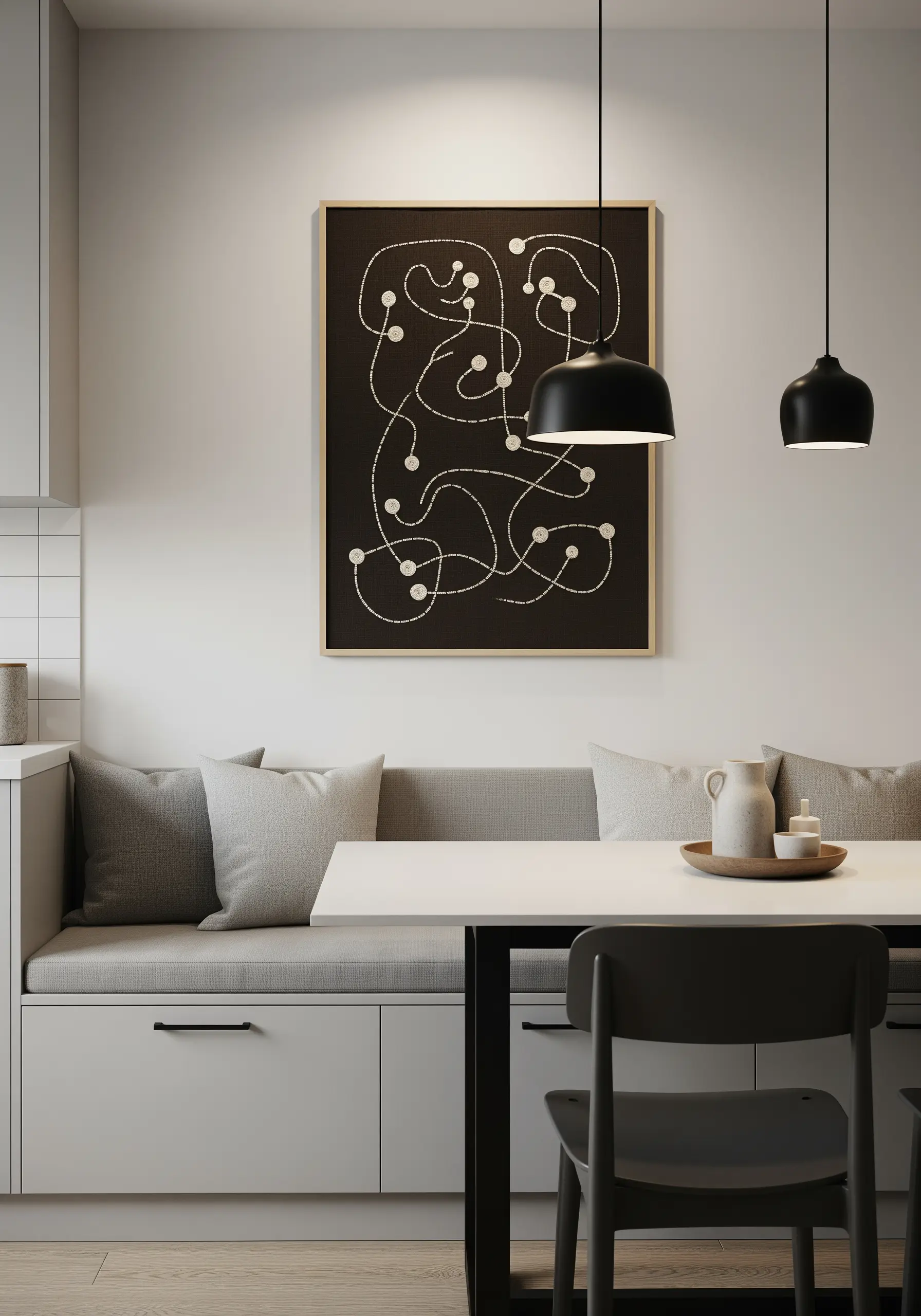 Abstract art with a continuous white chain stitch line and dots on a black background.