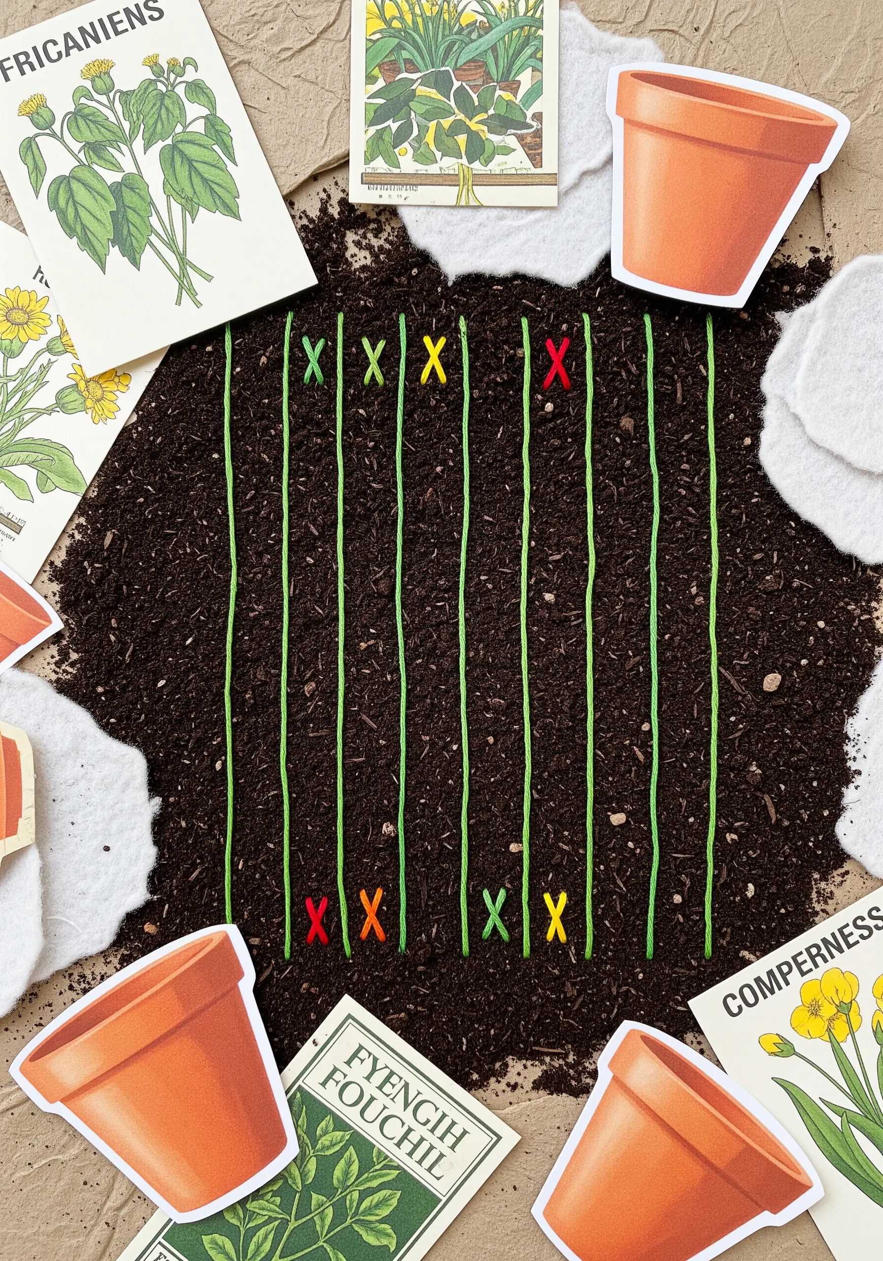 A garden-themed collage with straight green stitches for rows and 'X' stitches for markers.
