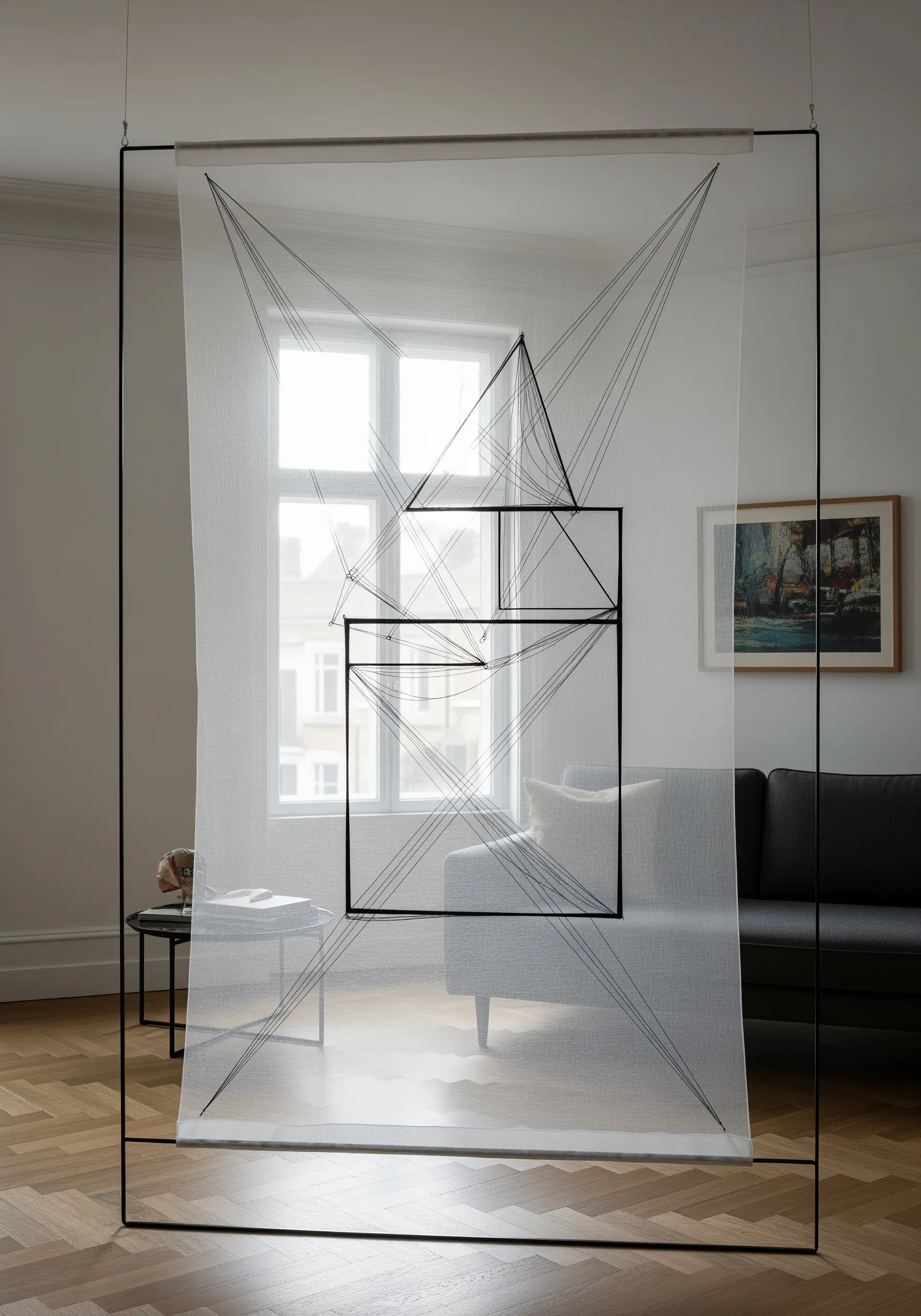 Geometric shapes created with black thread suspended on a sheer panel within a large frame.