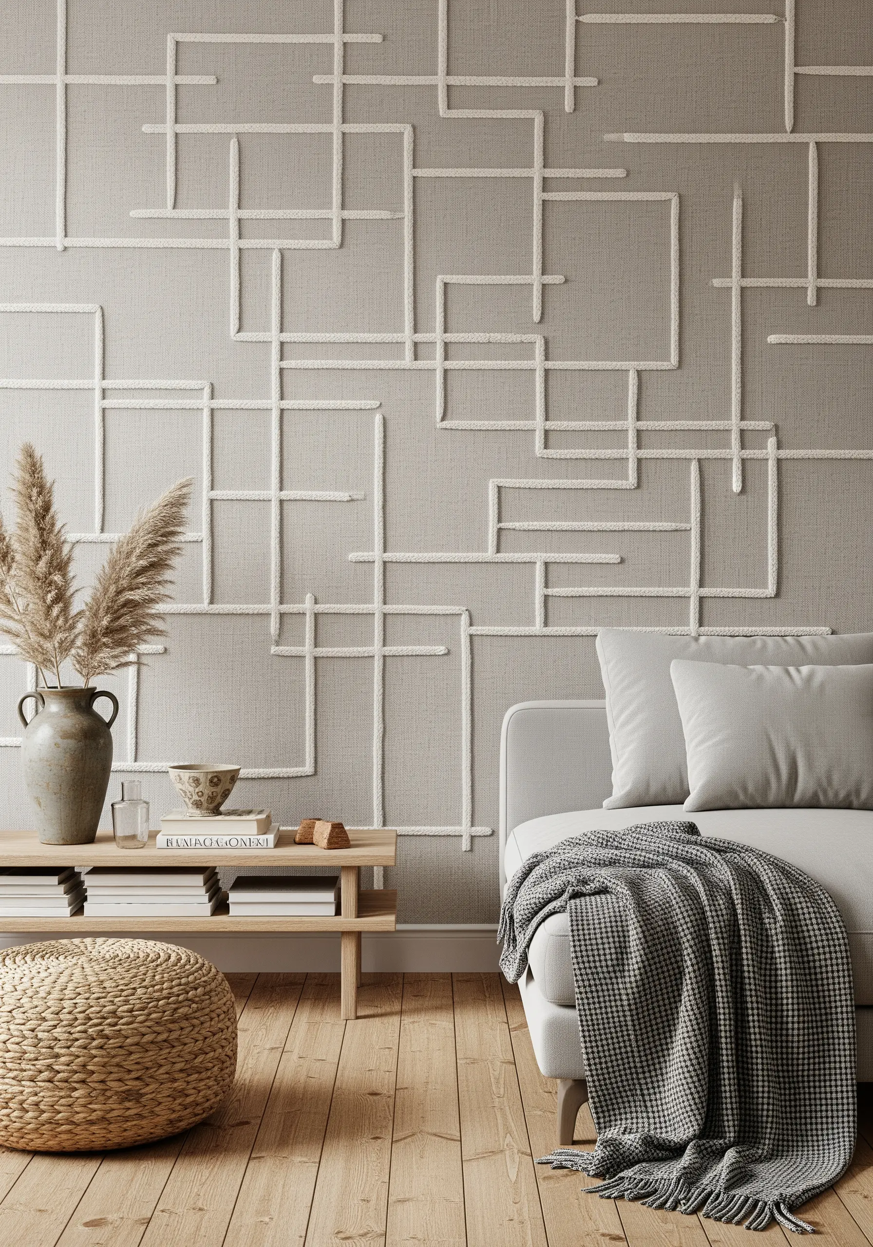 A large fabric panel with a geometric line pattern made from thick white yarn