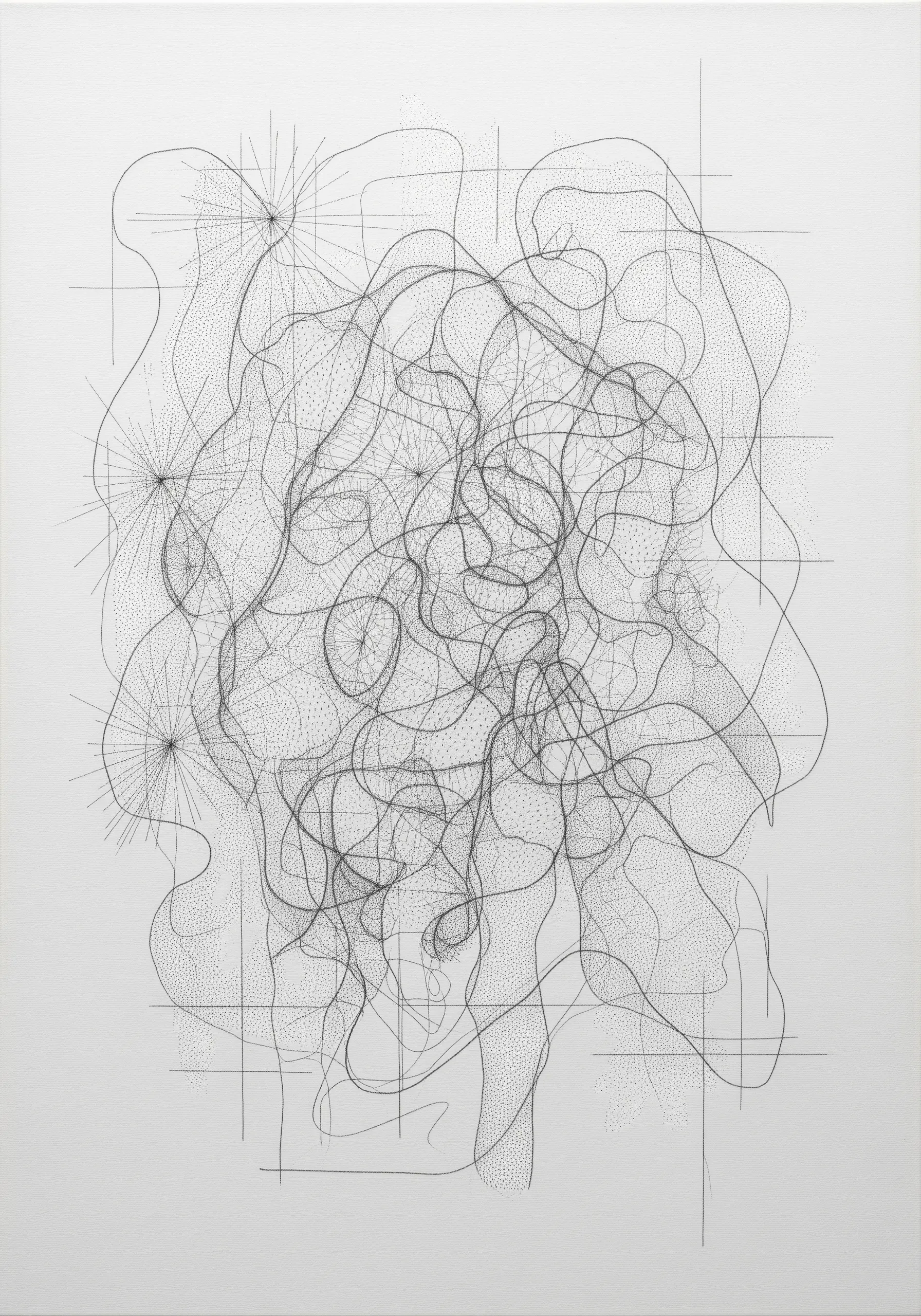 Minimalist neurographic line art embroidery in fine black thread on a white canvas.