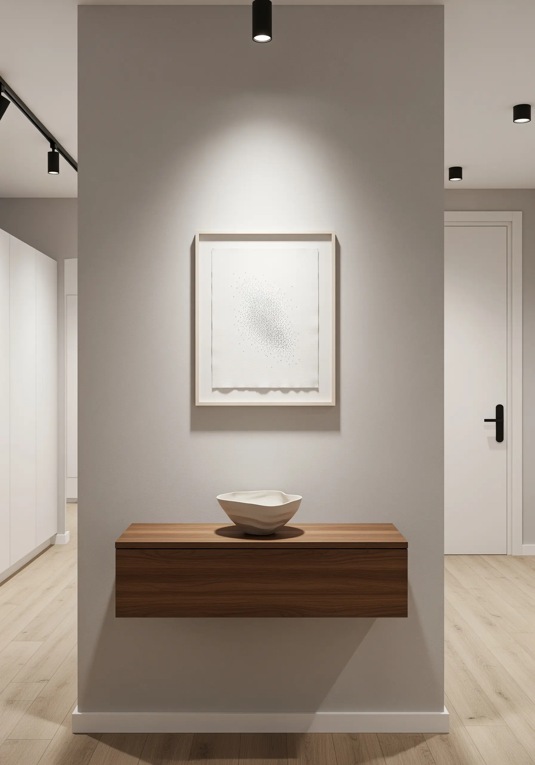 Minimalist framed art with a dense cluster of tiny black French knots on white paper.