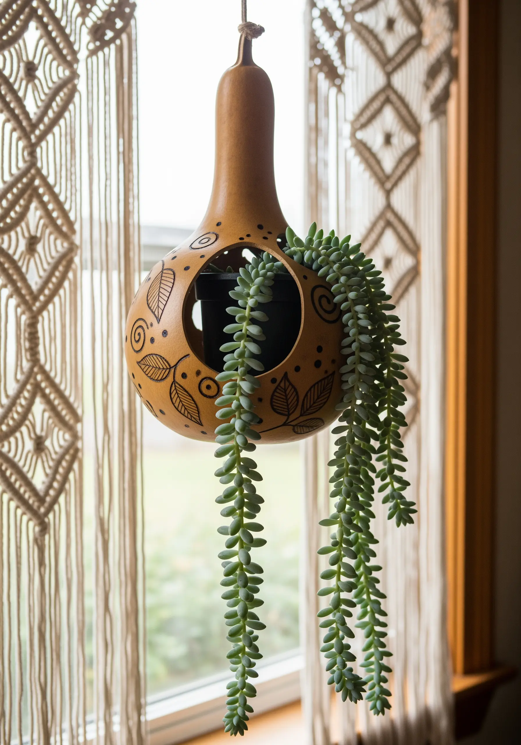 A dried, hollowed-out gourd with burned-in leaf and swirl designs, used as a hanging planter.