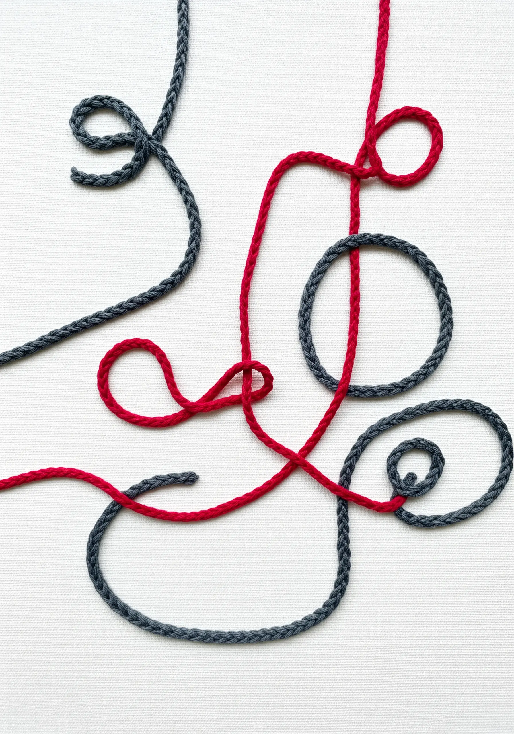 Abstract swirling lines created by couching thick grey and red braided cords onto white canvas