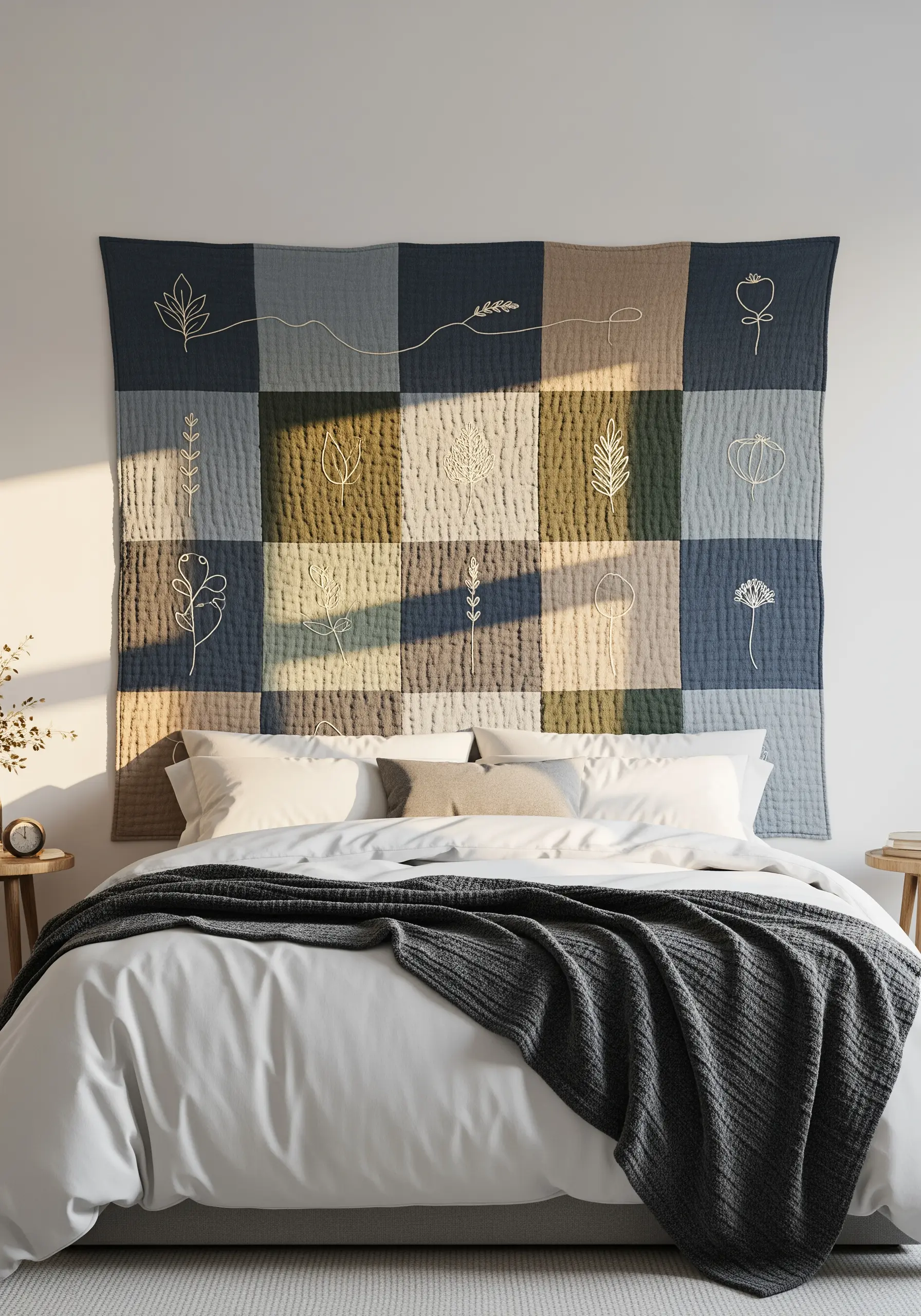 A quilted, patchwork headboard decorated with simple, single-line embroidered botanicals.