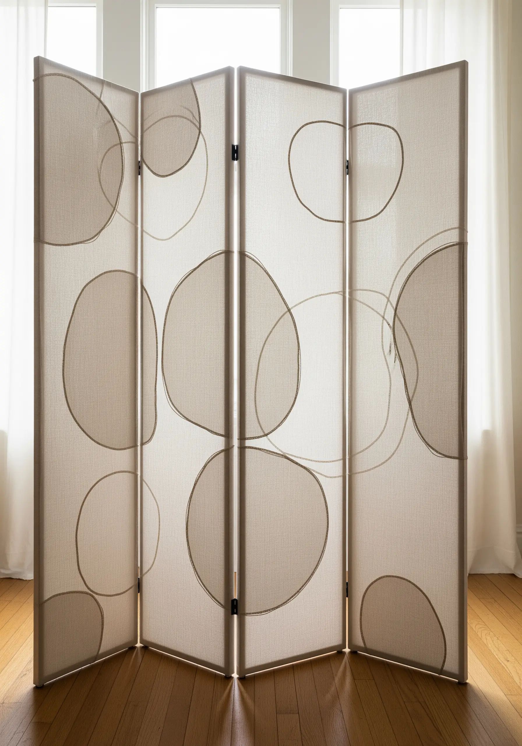 A translucent fabric room divider embroidered with large, overlapping circular line drawings.
