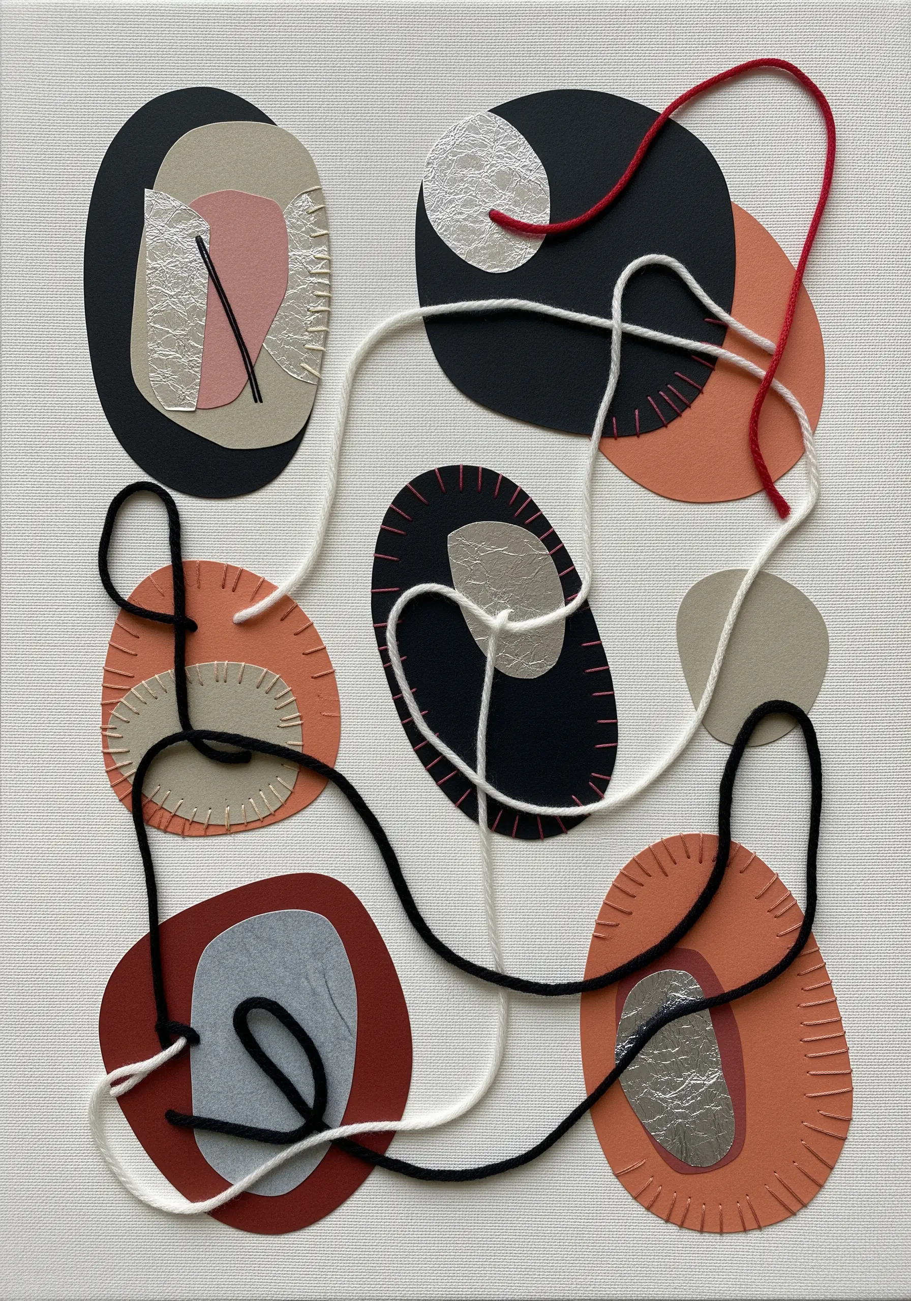 An abstract collage on canvas with paper shapes and a meandering line of thick yarn.