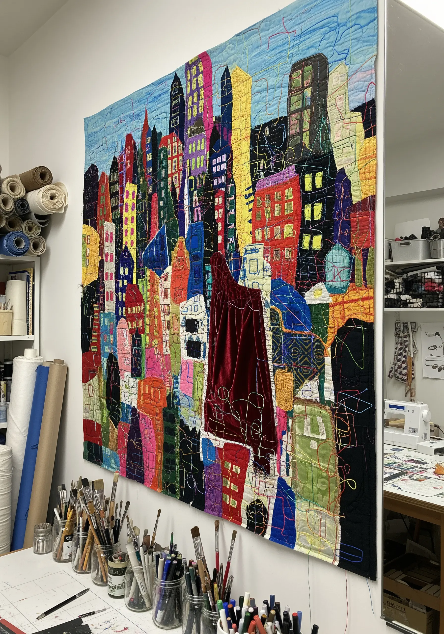 A large, colorful fabric collage of a cityscape detailed with free-motion machine stitching.