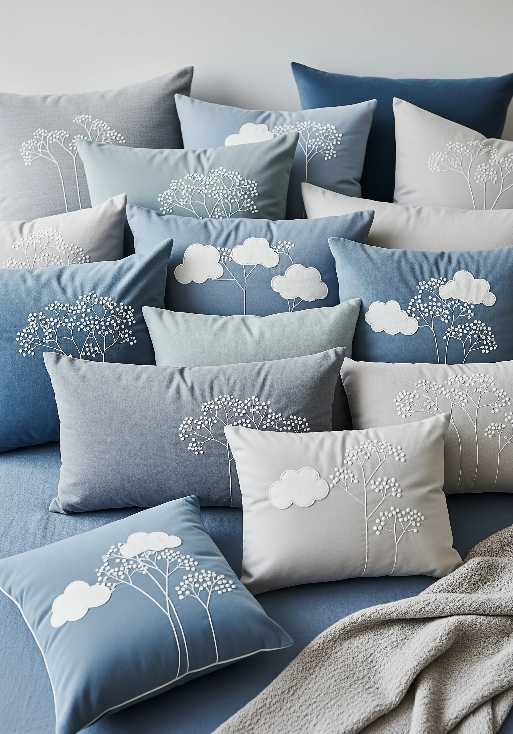 A collection of blue and grey pillows with embroidered trees and appliqué clouds.