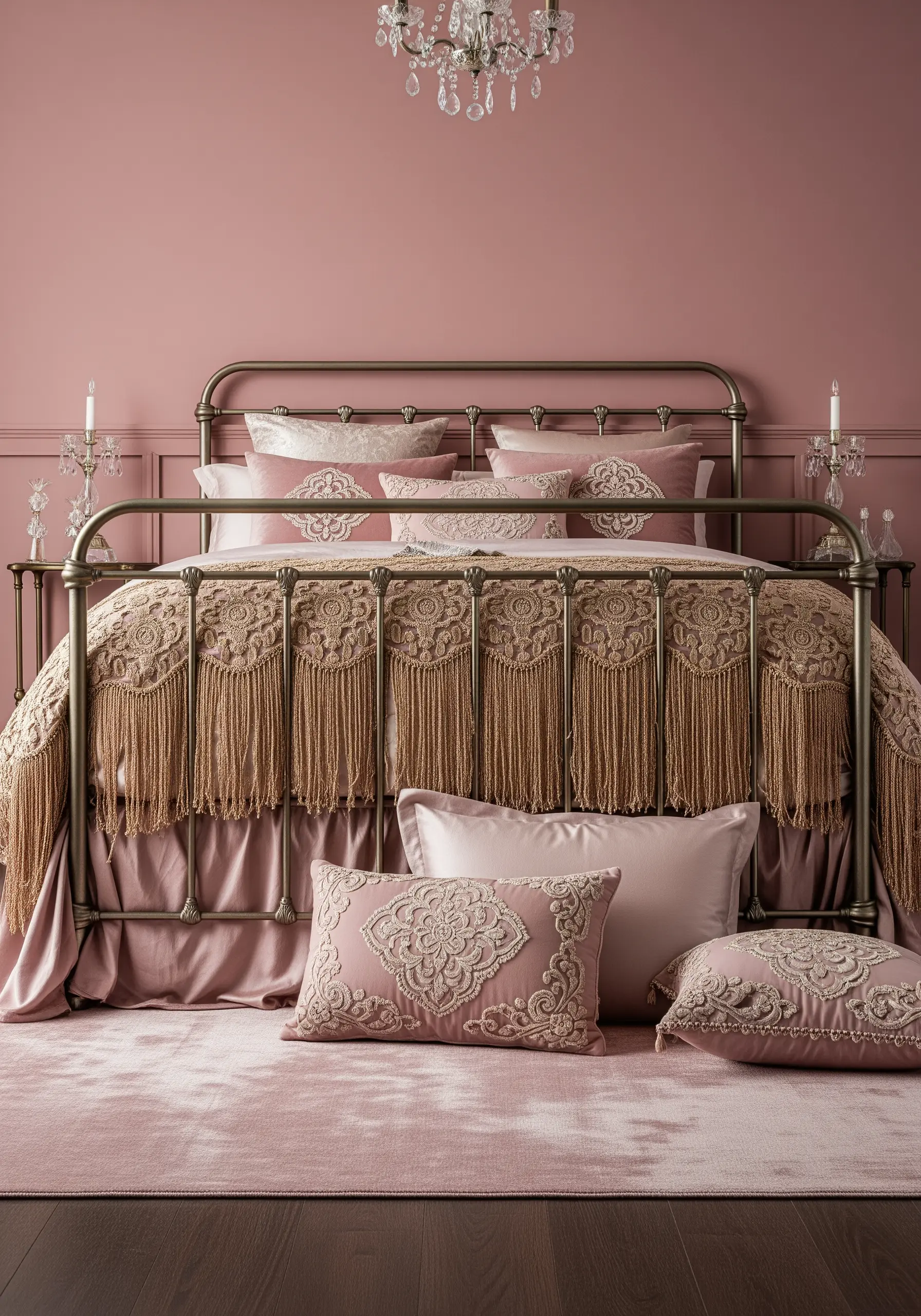 Elegant dusty rose bedroom with tone-on-tone damask embroidery and vintage details