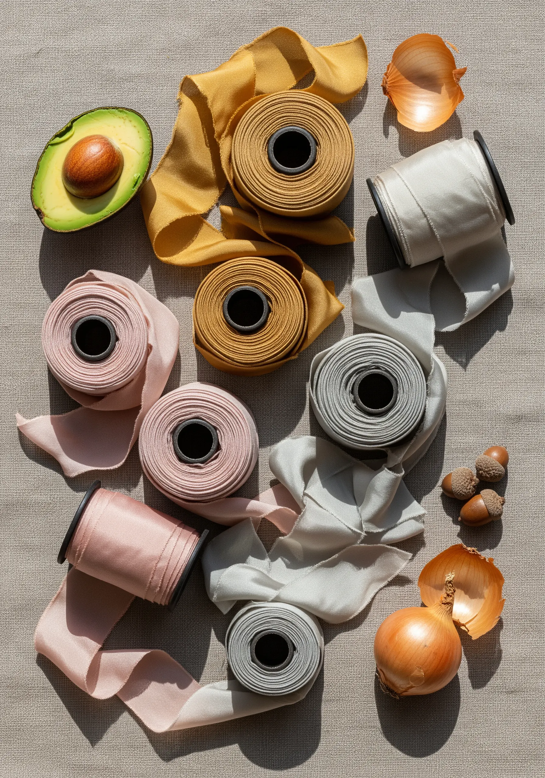 Spools of naturally dyed ribbons in pink, yellow, and grey, next to avocados and onion skins