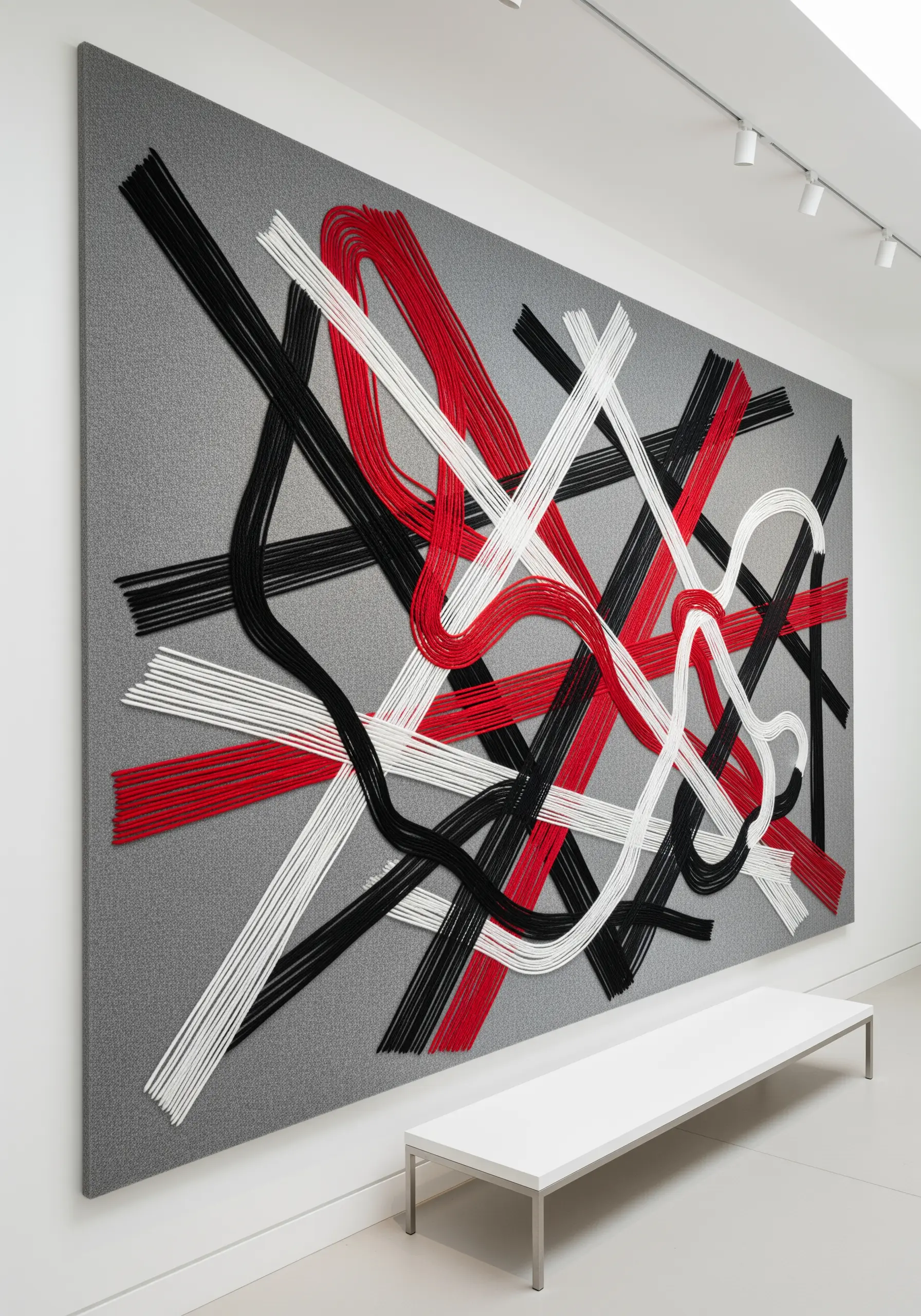 Large abstract wall art with bold red, black, and white yarn lines on grey fabric.