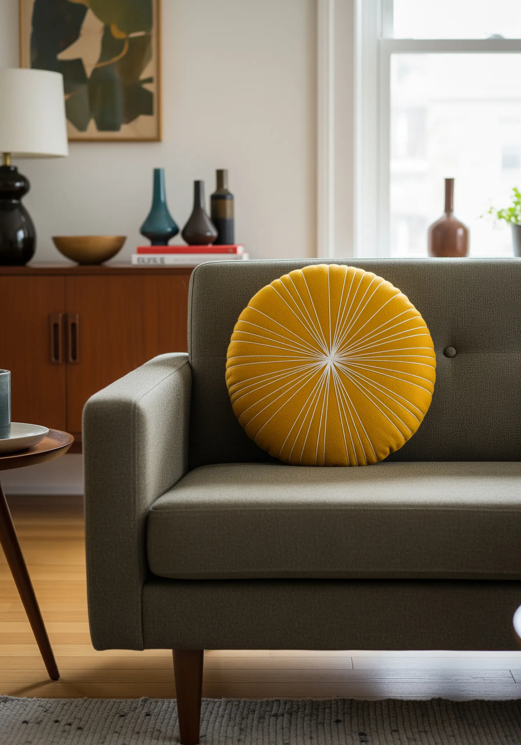 A radiating sunburst pattern in white thread on a round yellow cushion.
