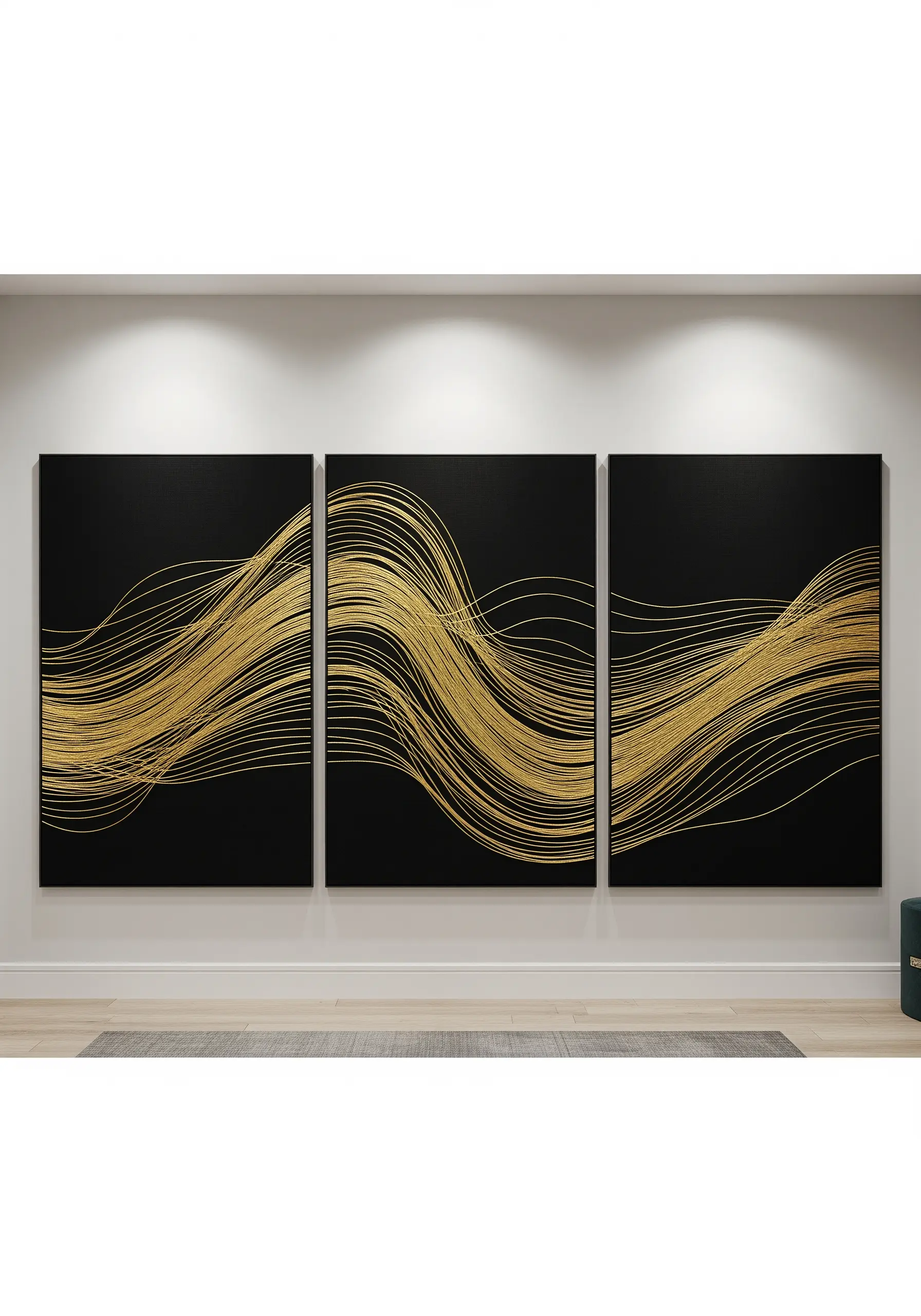 A triptych of three large black canvases with flowing gold thread art.