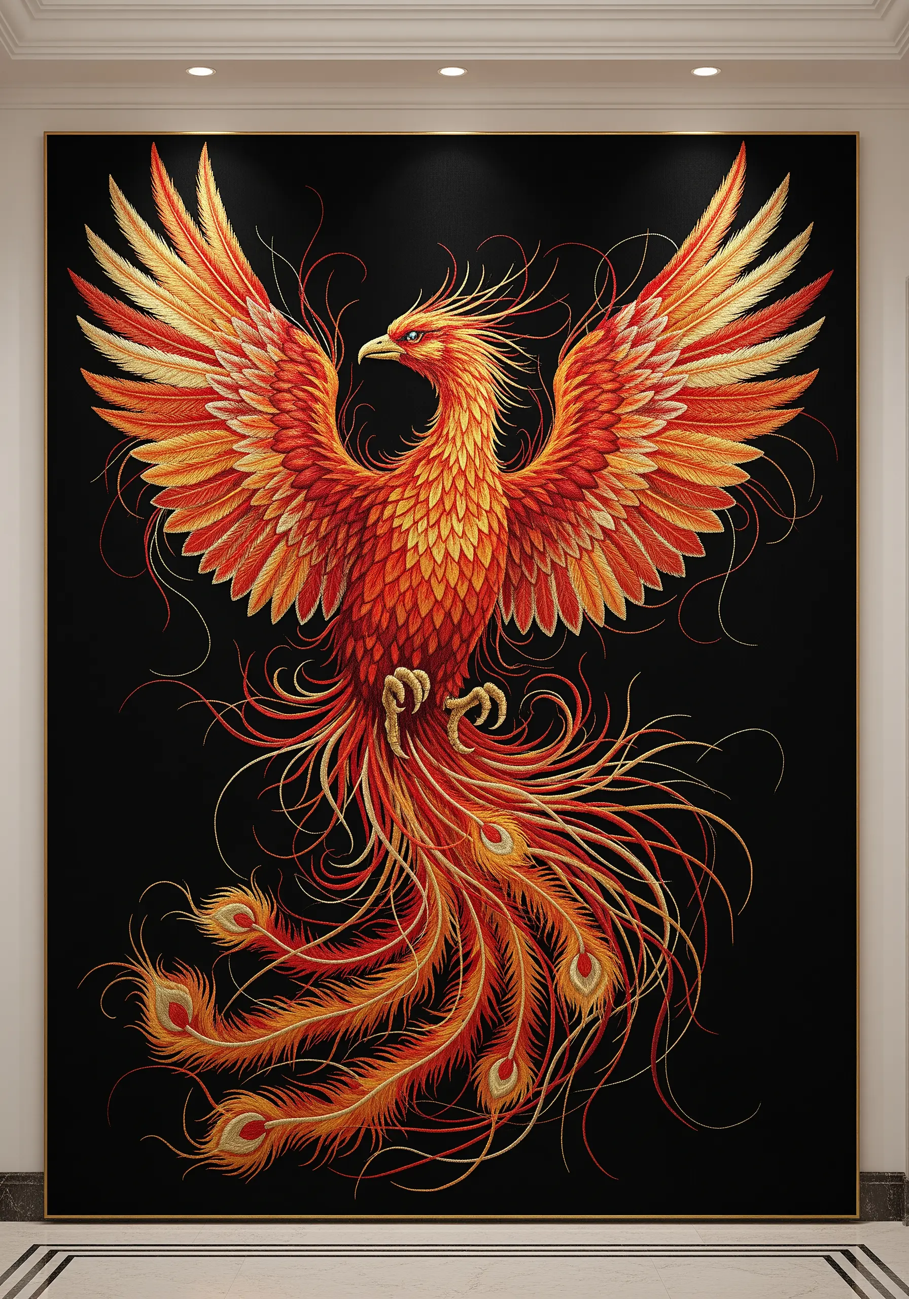 A dramatic embroidered phoenix with long, loose thread tails creating a fiery effect.