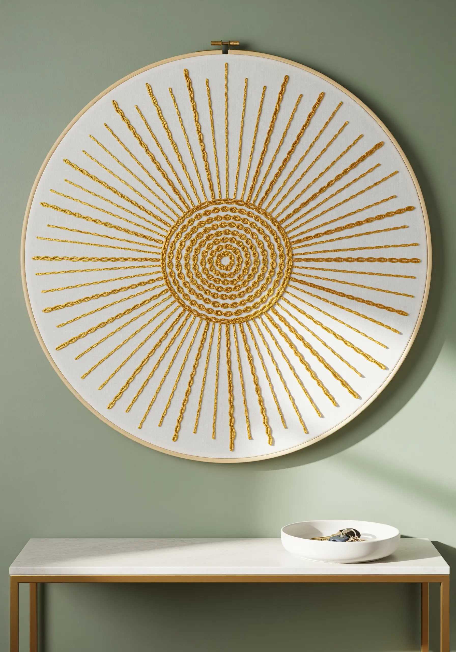 Large gold sunburst embroidery with varied stitch textures in a wooden hoop.