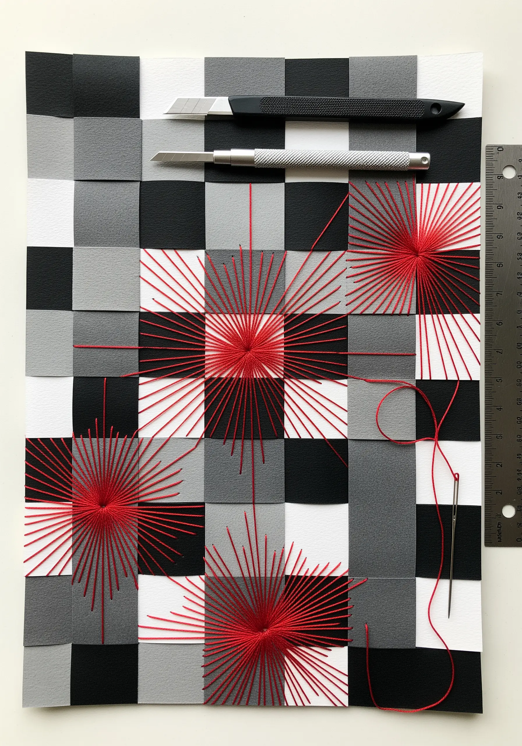 Red thread embroidered in radiating patterns over a woven black, grey, and white paper base.