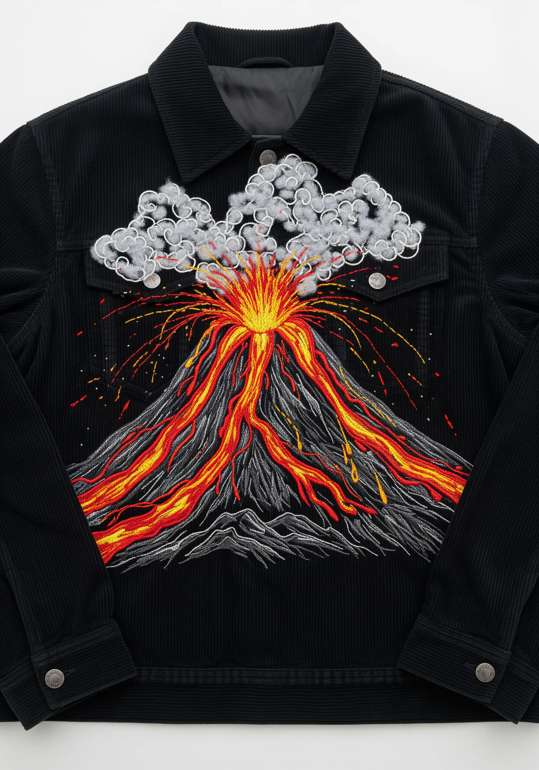 An embroidered volcano erupting with lava and smoke on a black corduroy jacket.