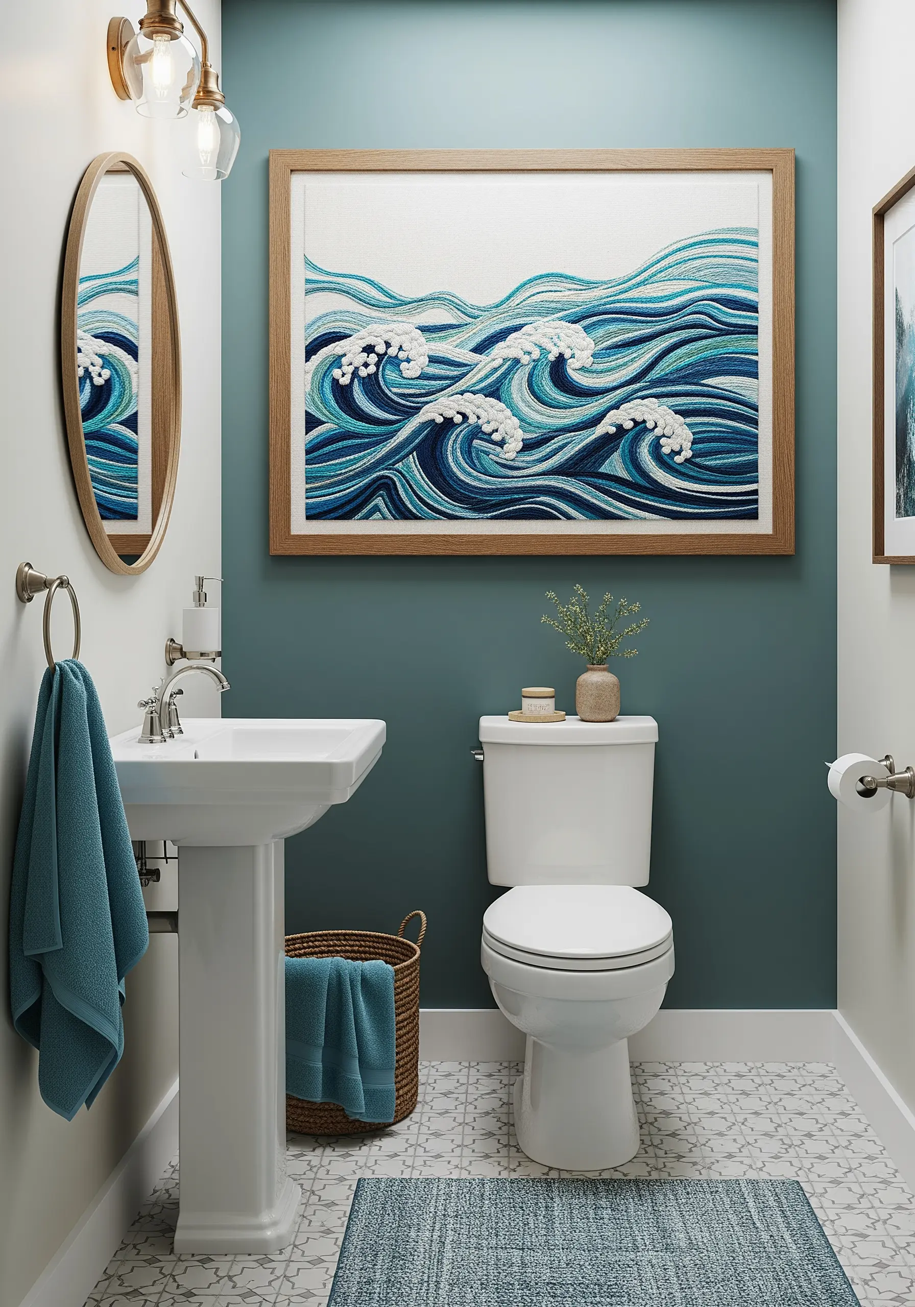 A large framed embroidery artwork of powerful blue and white ocean waves.