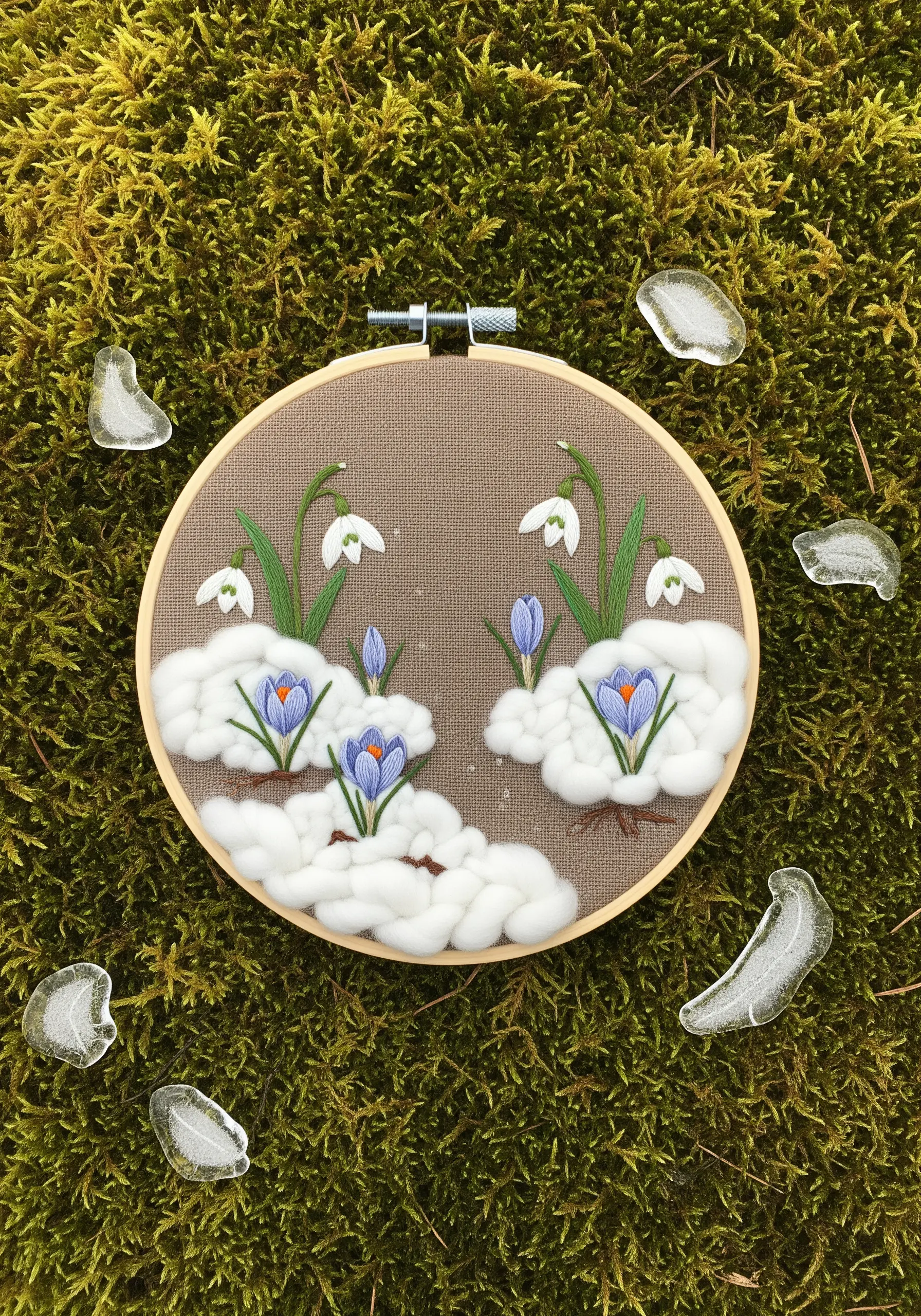 Embroidery of crocuses and snowdrops emerging from soft, 3D wool roving snow.