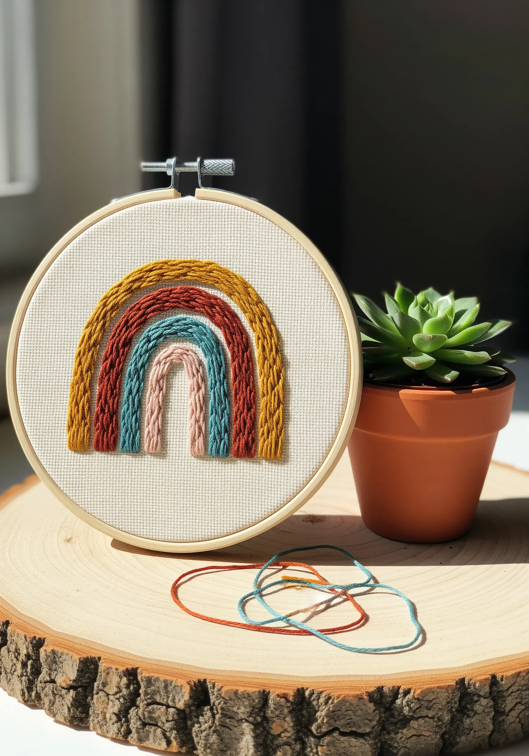 Textured rainbow embroidered with chain stitch in an earthy color palette.