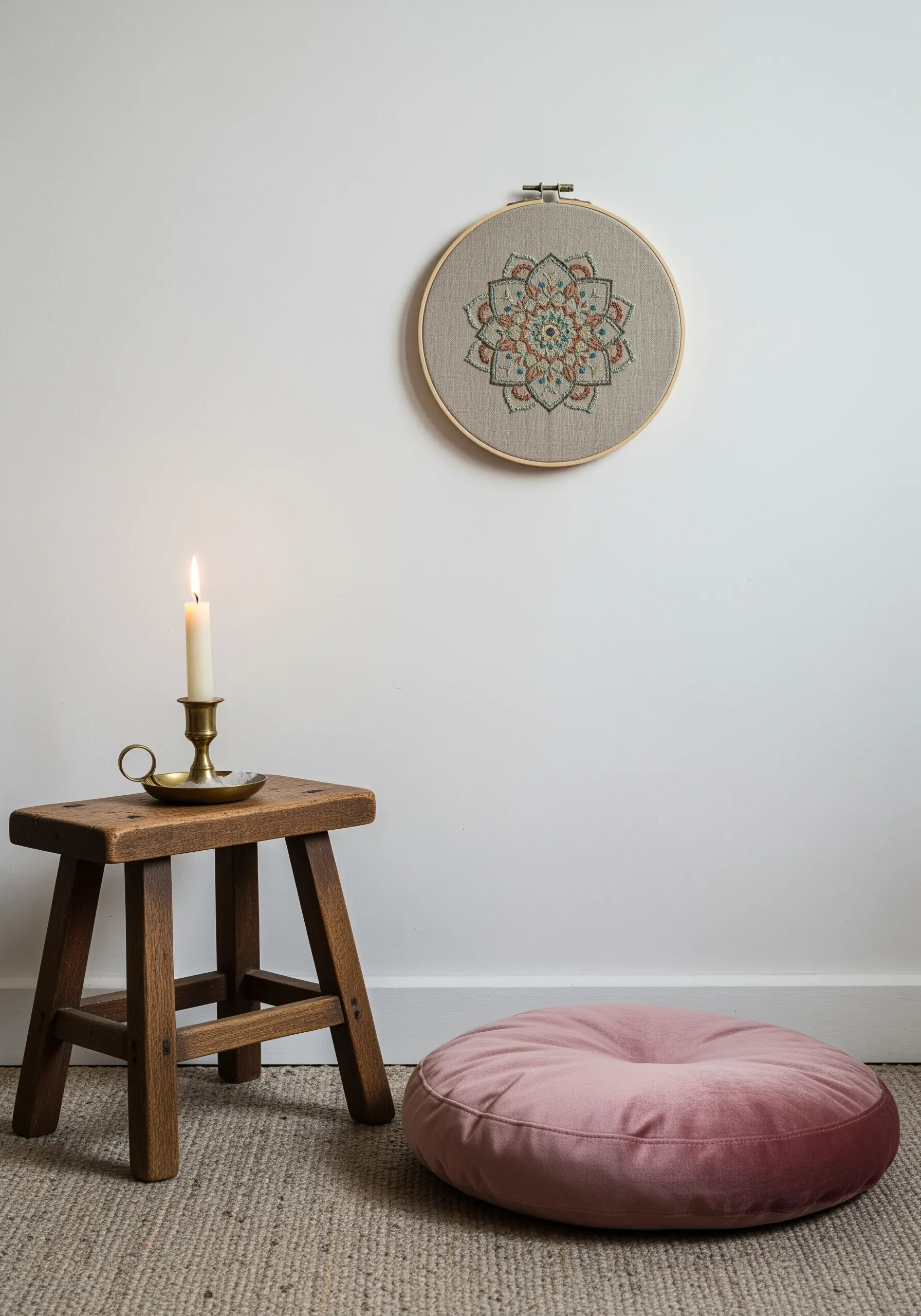 An earth-toned mandala with teal, orange, and green on natural linen fabric.