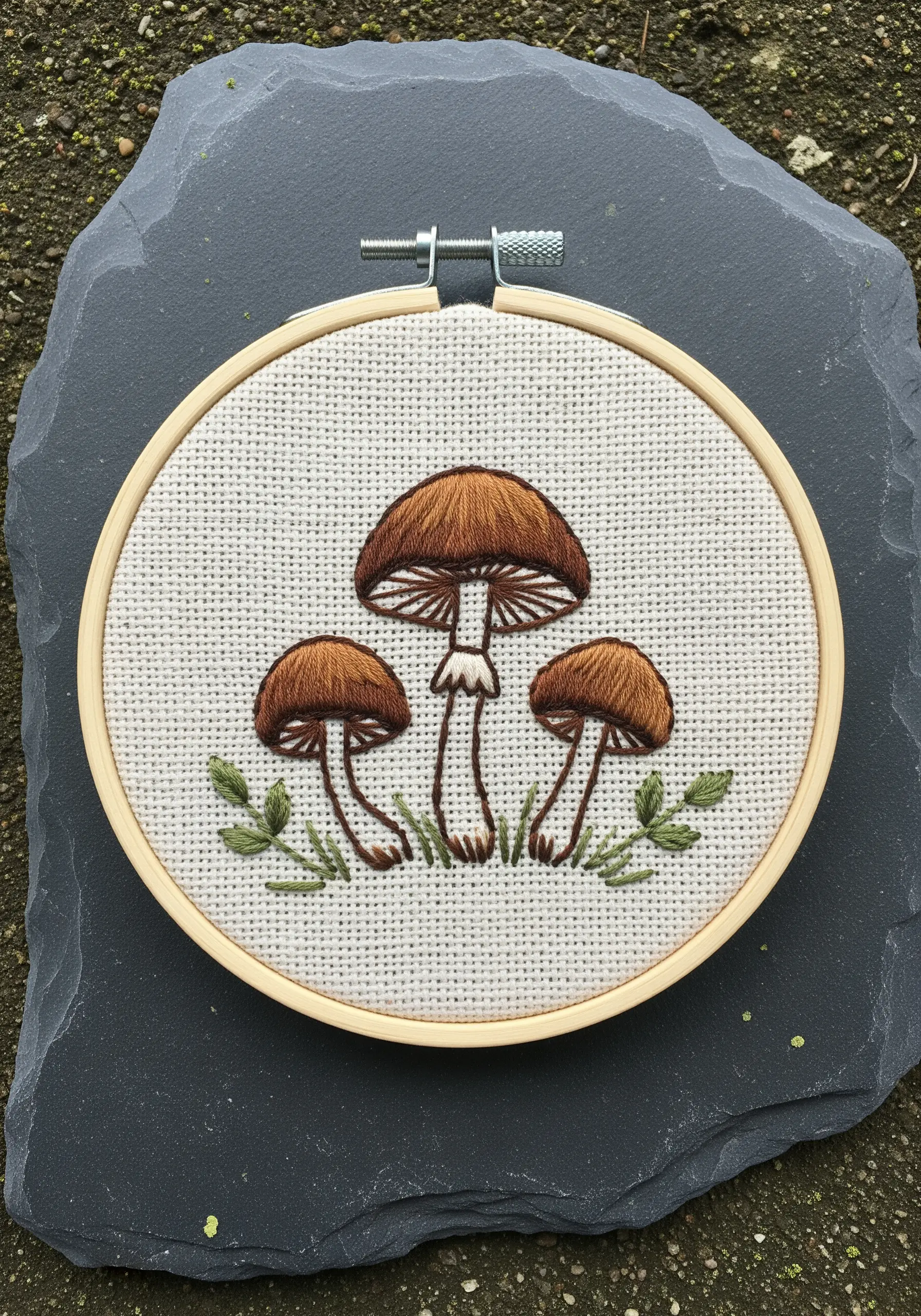 Three small brown mushrooms with detailed satin stitch caps and straight stitch gills.