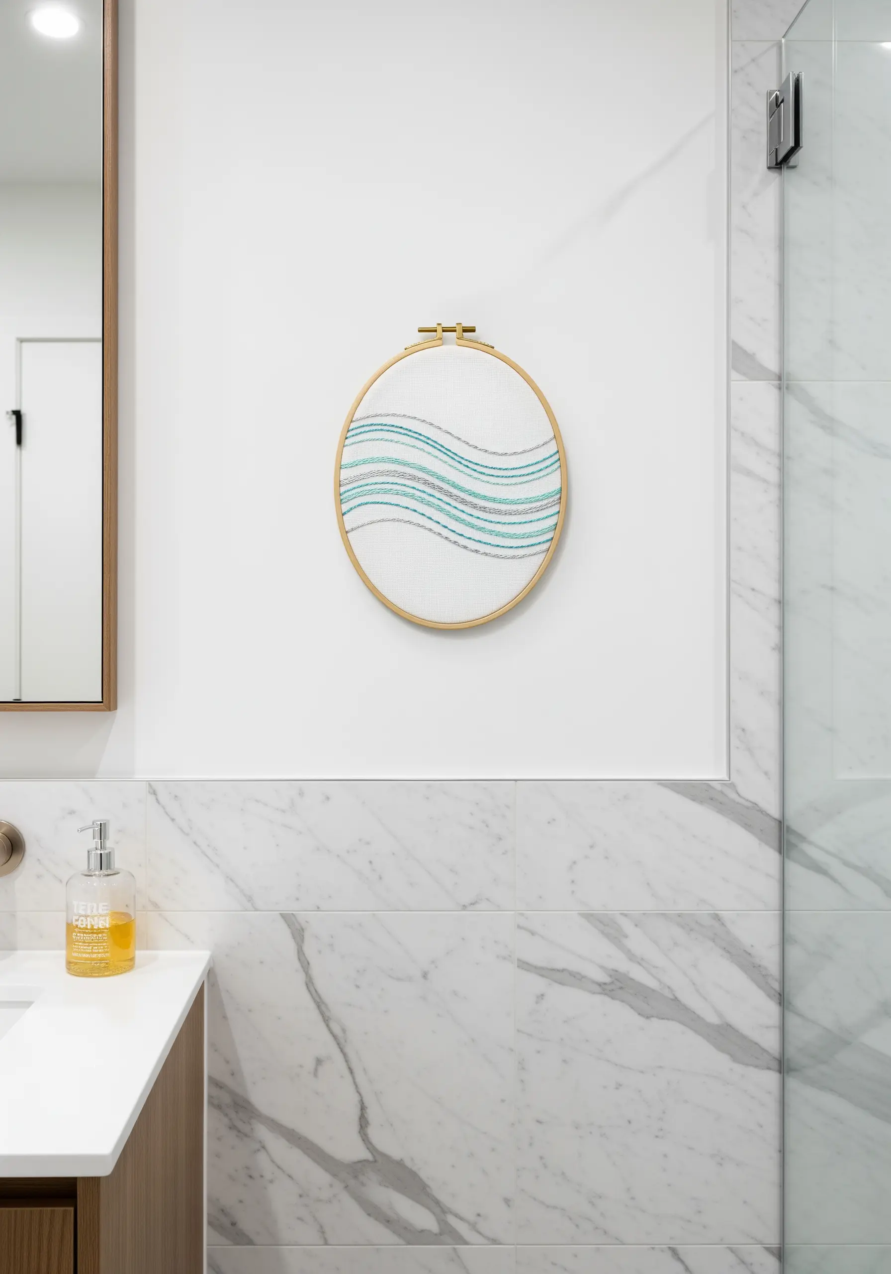 Abstract wavy lines in blue and gray tones in a hoop in a modern bathroom.