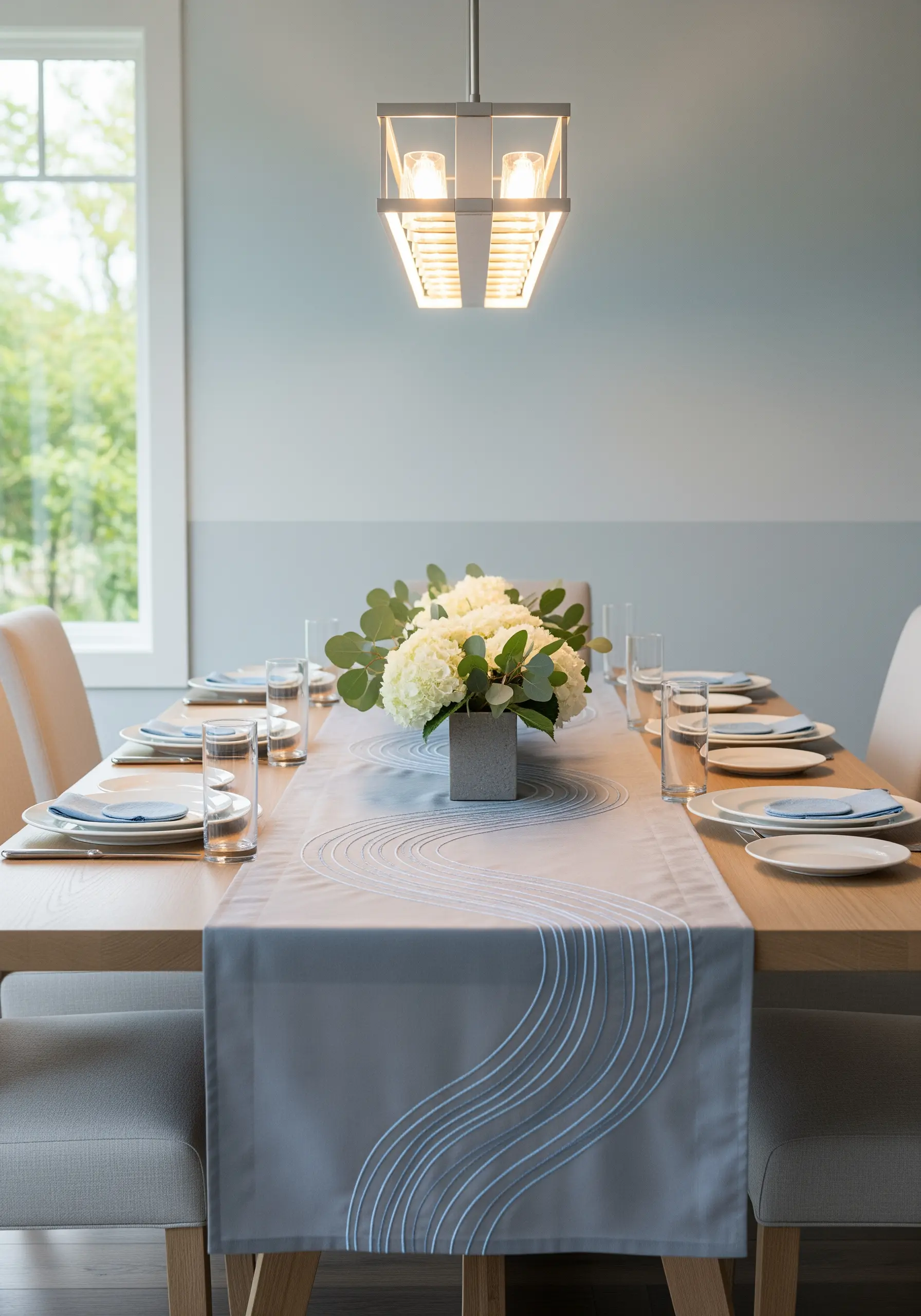 Flowing, parallel curved lines embroidered in light blue on a gray table runner