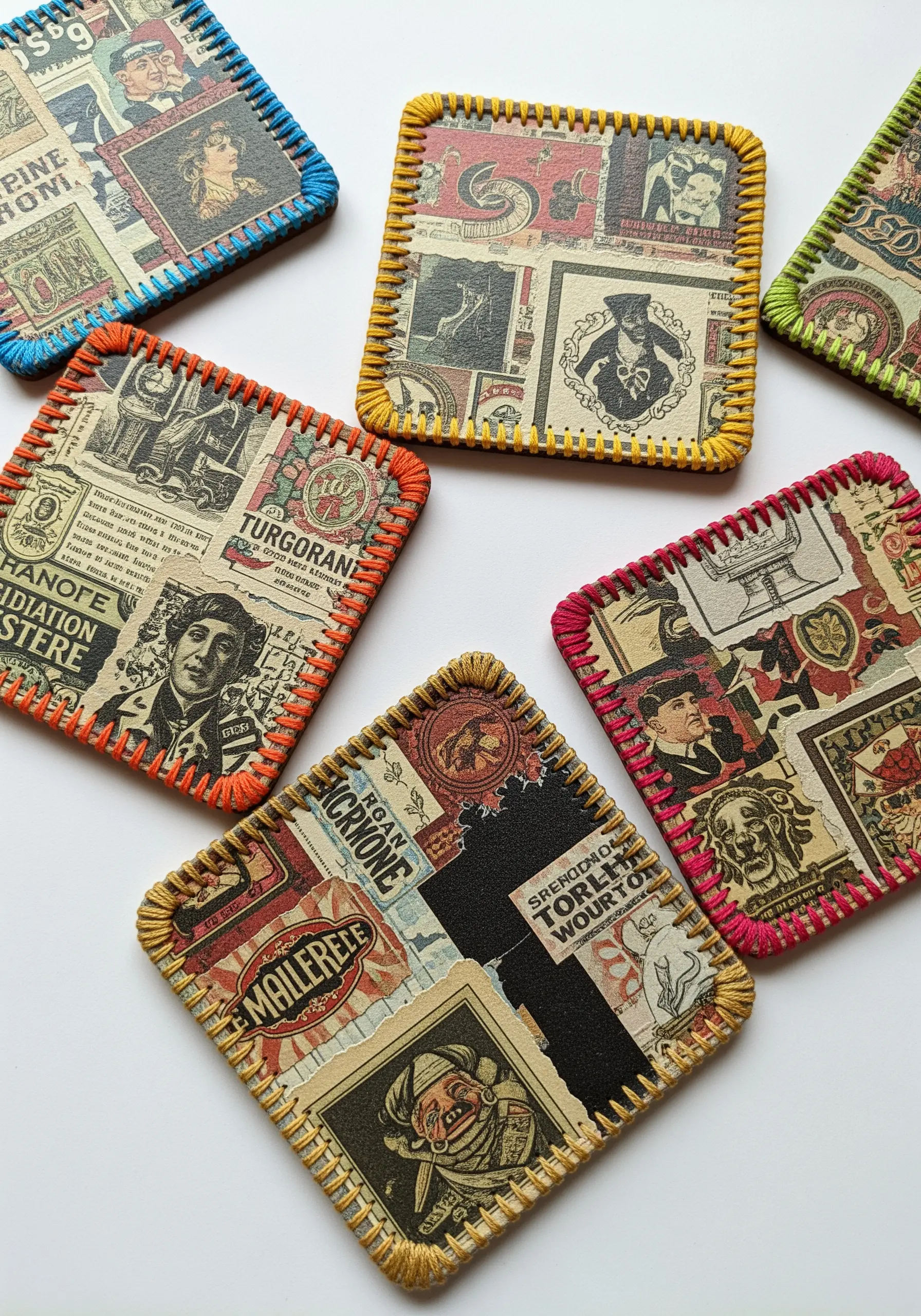 Square coasters with a vintage paper collage, edged with colorful blanket stitch.