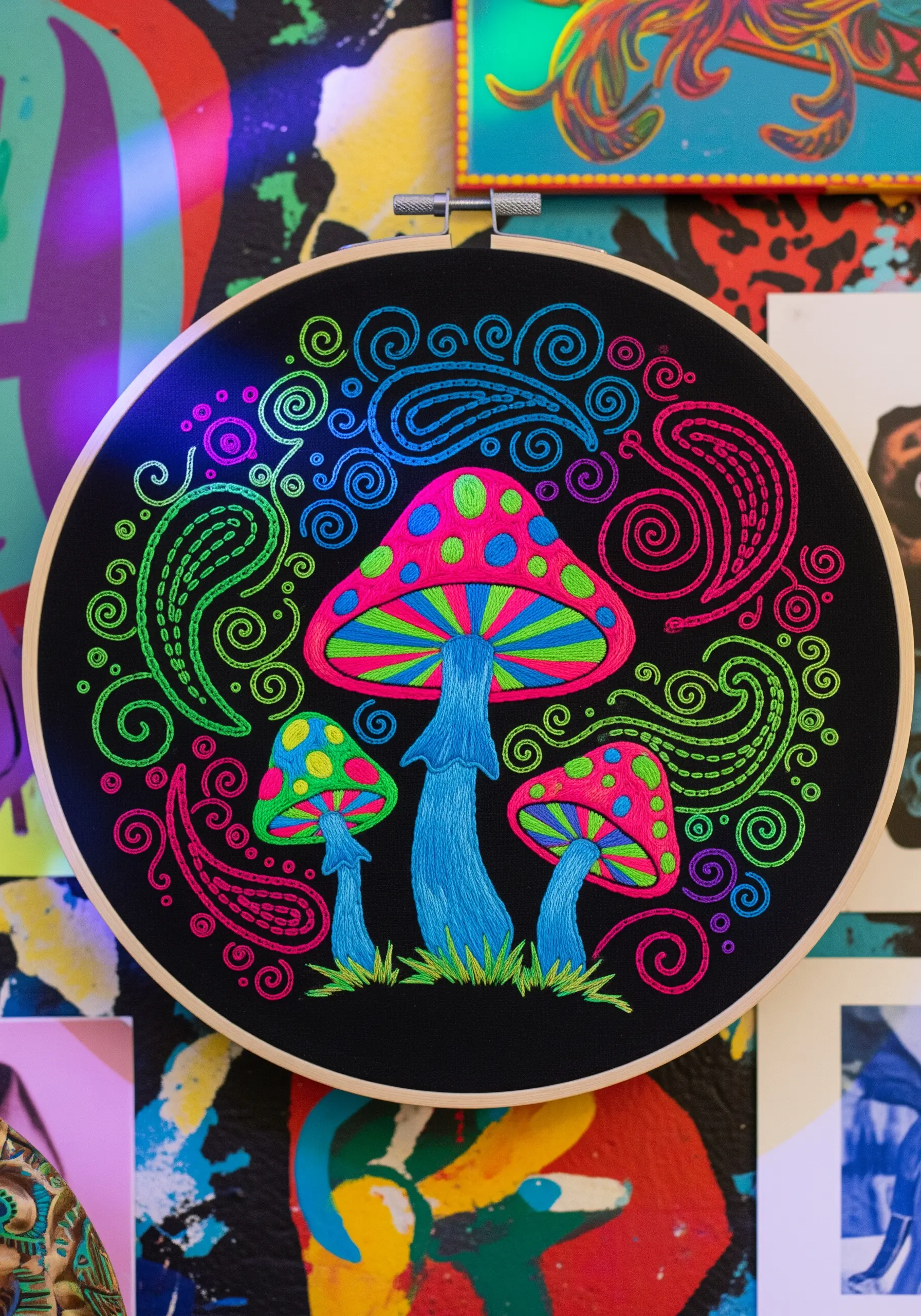 Psychedelic embroidery of mushrooms and paisley patterns using bright neon threads on black fabric.