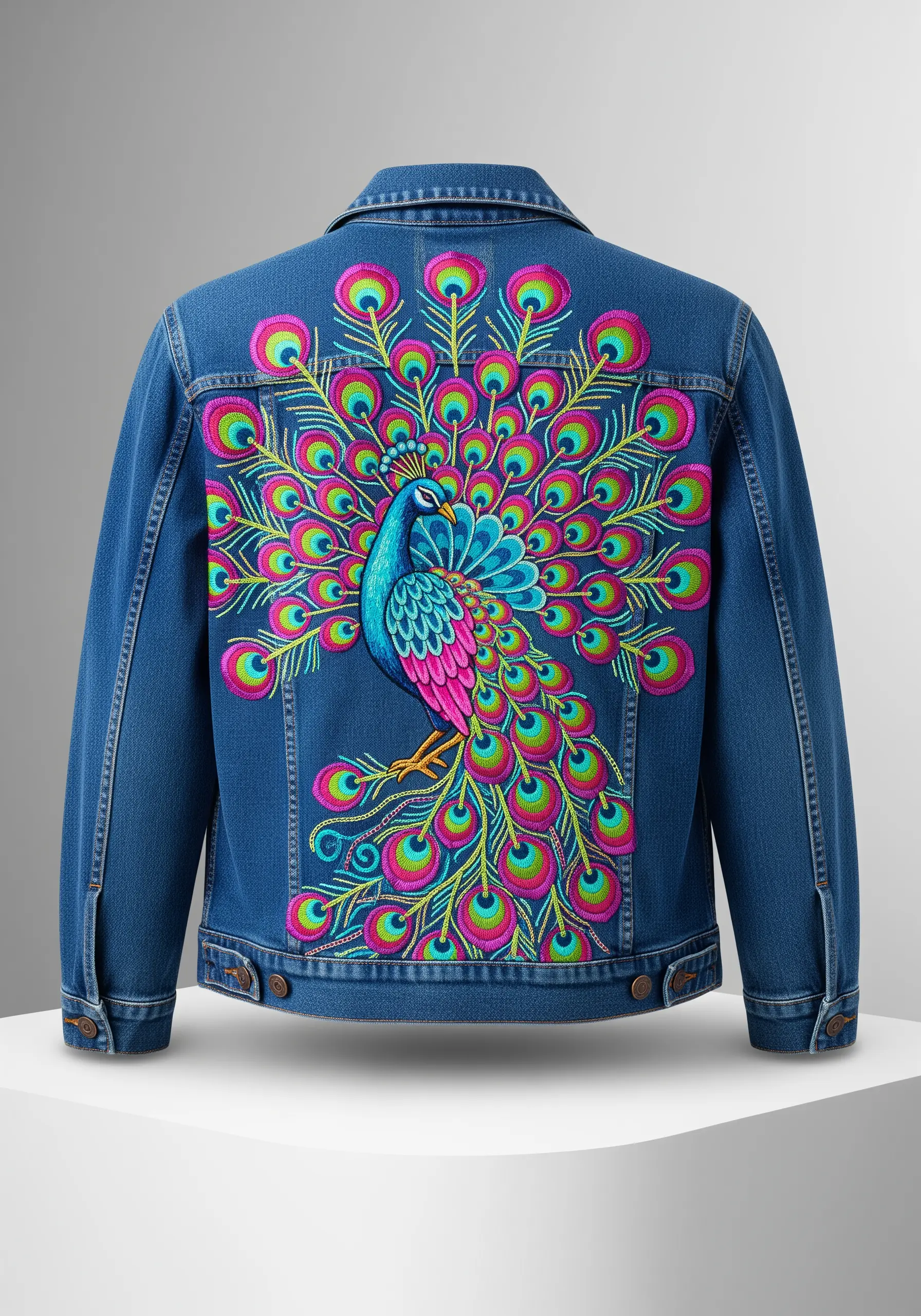 A highly colorful peacock with neon pink and green accents on a denim jacket.
