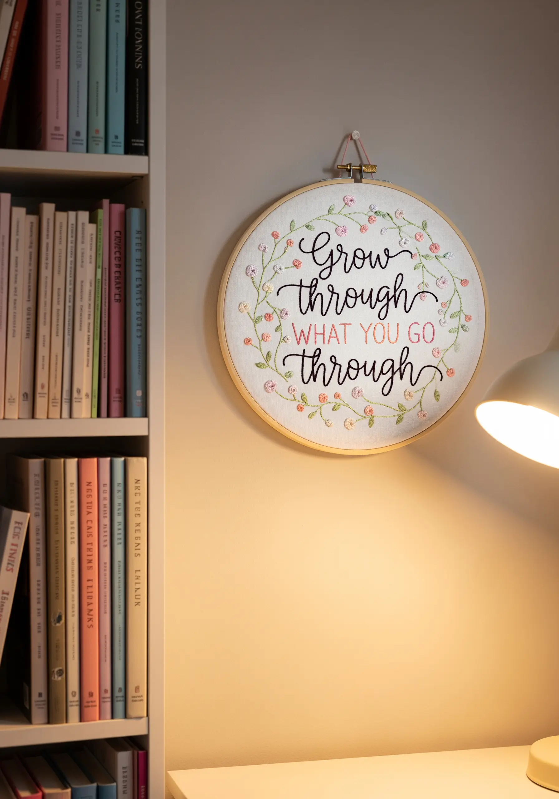 An embroidery hoop with the quote 'Grow through what you go through' surrounded by flowers.
