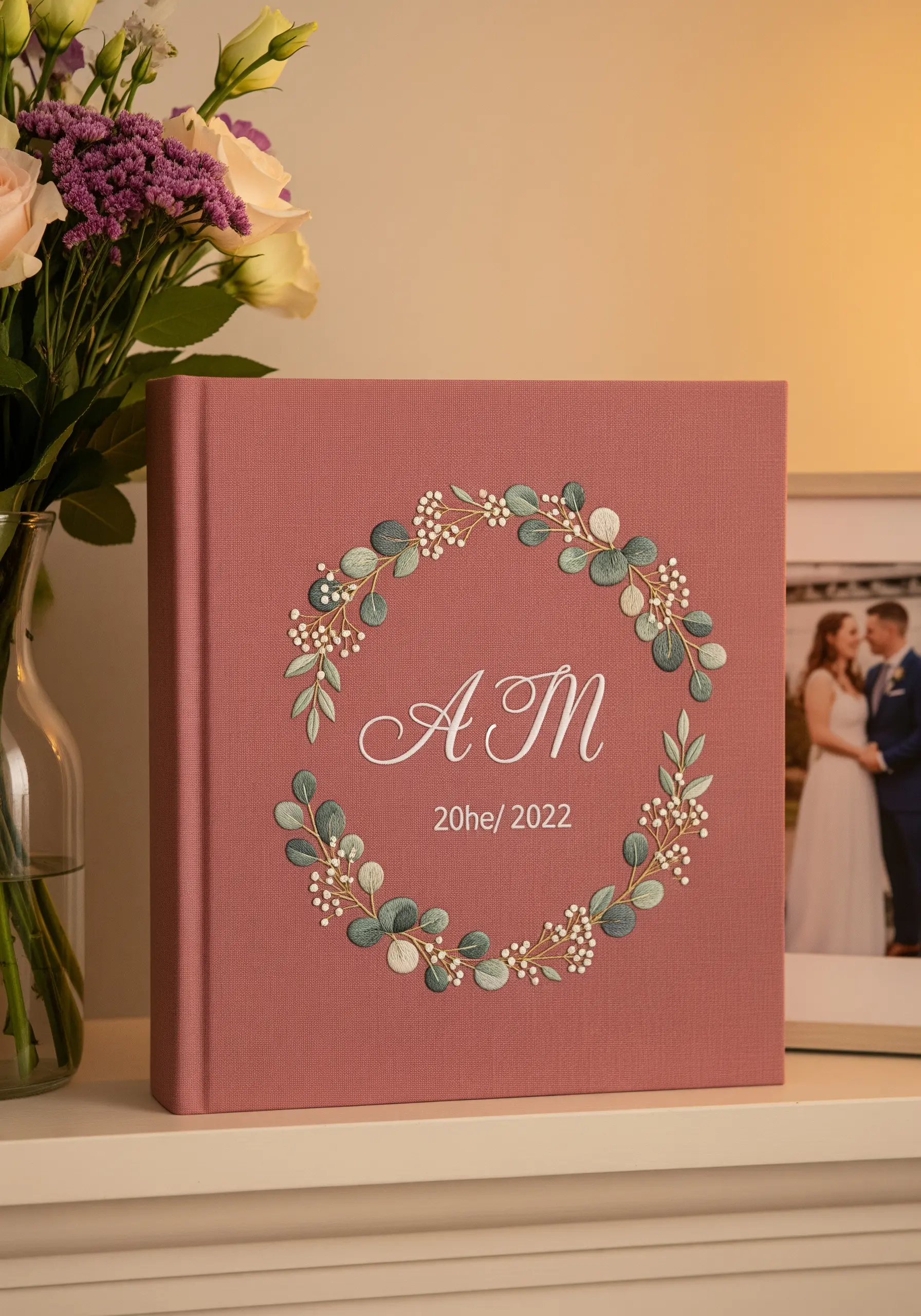 A pink fabric photo album with an embroidered eucalyptus wreath surrounding a monogram and wedding date.