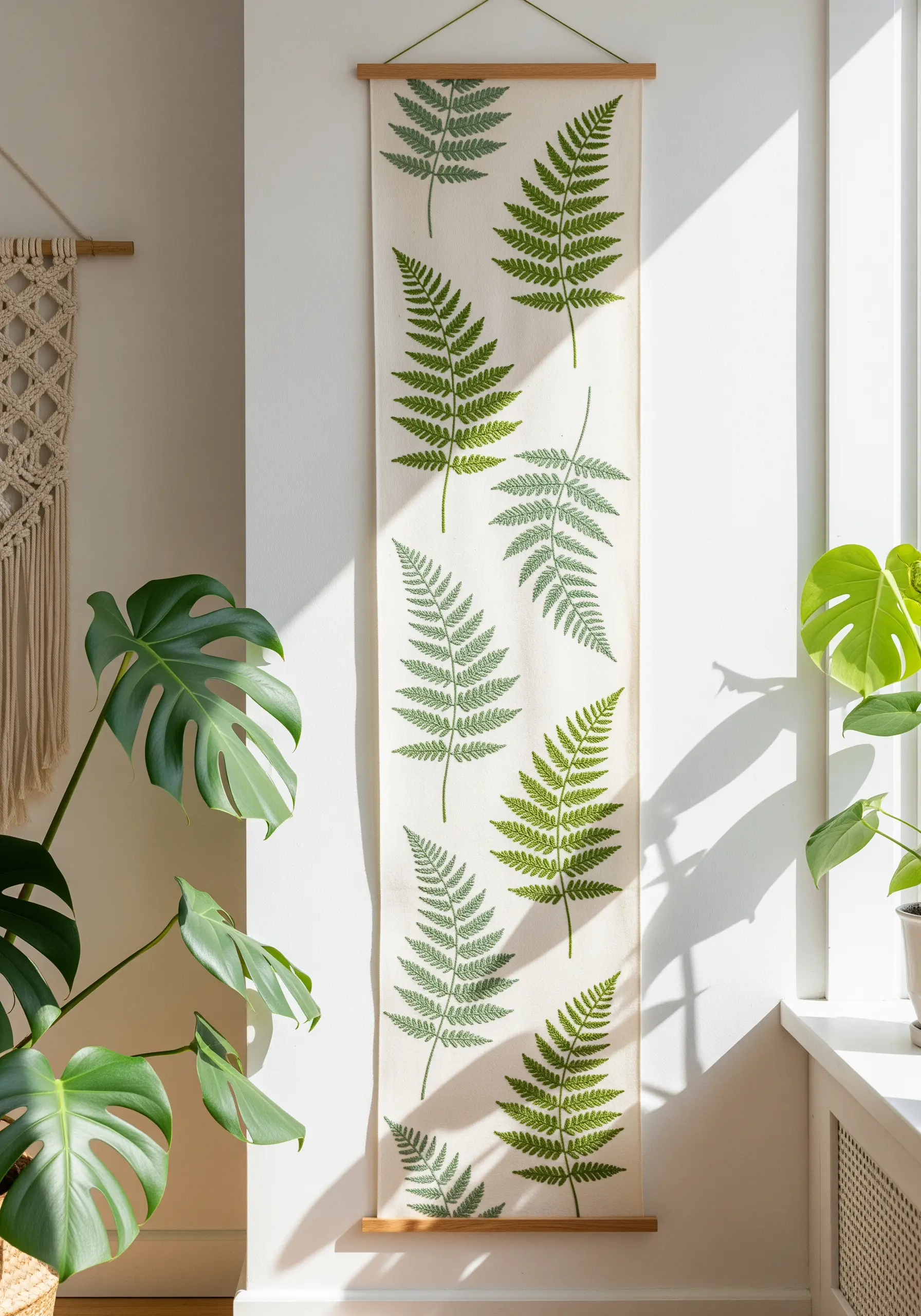 A long wall hanging featuring repeated patterns of green fern stitch embroidery.