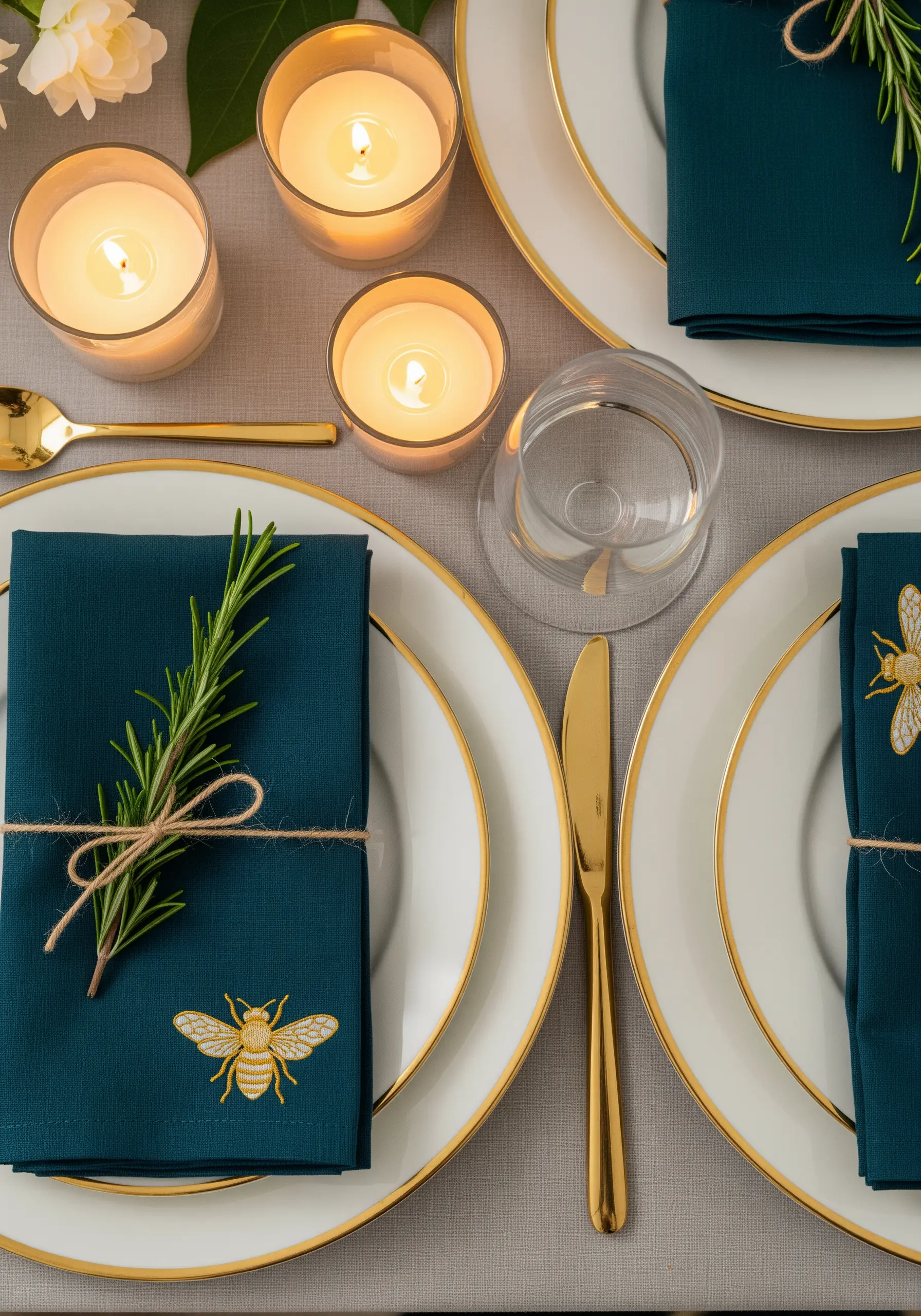 Dark teal napkins with a small, elegant gold bee embroidered in the corner at a dinner setting.