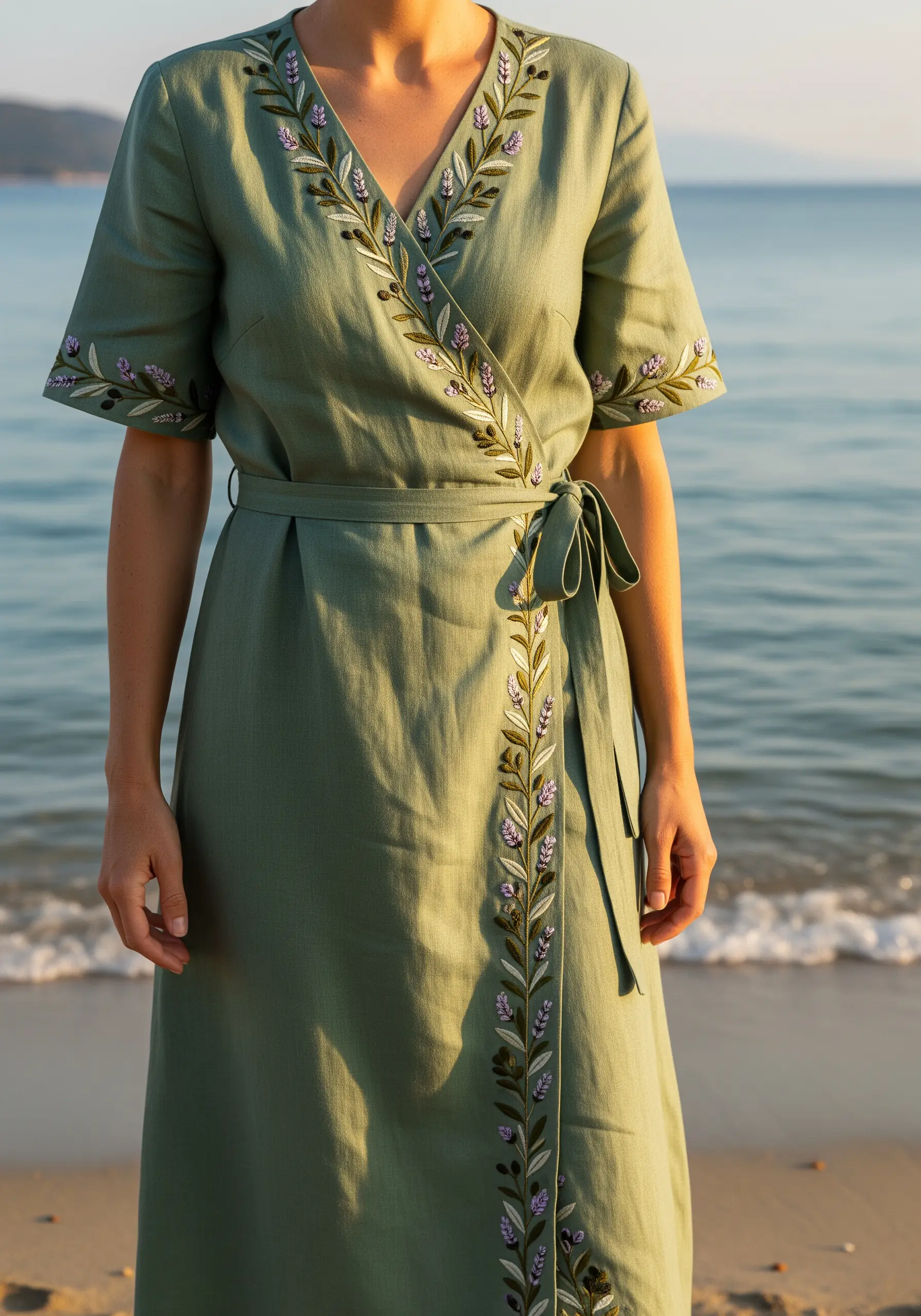 Lavender sprigs embroidered along the borders of a sage green linen wrap dress.
