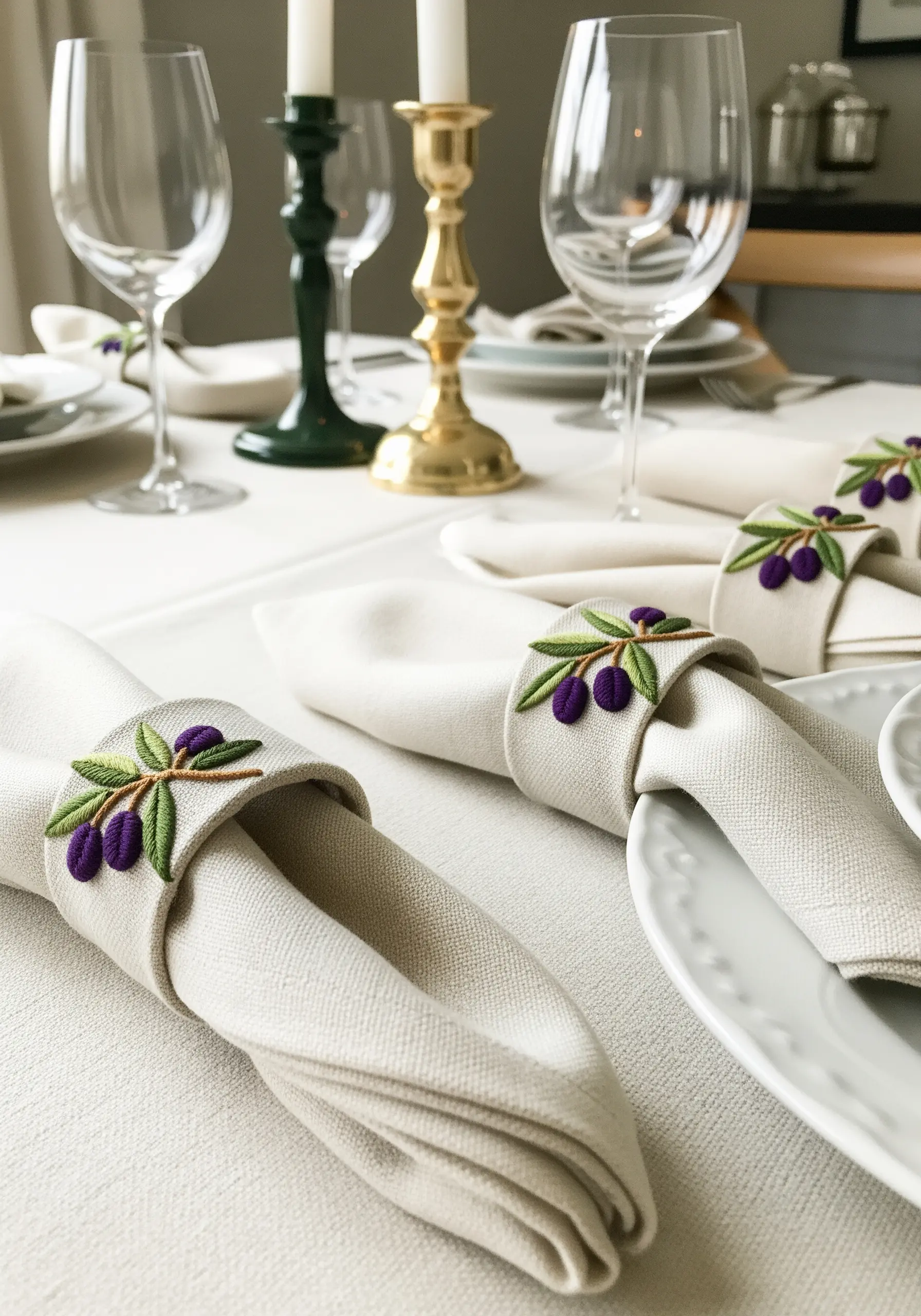 Linen napkin rings embroidered with delicate olive branches holding folded napkins.
