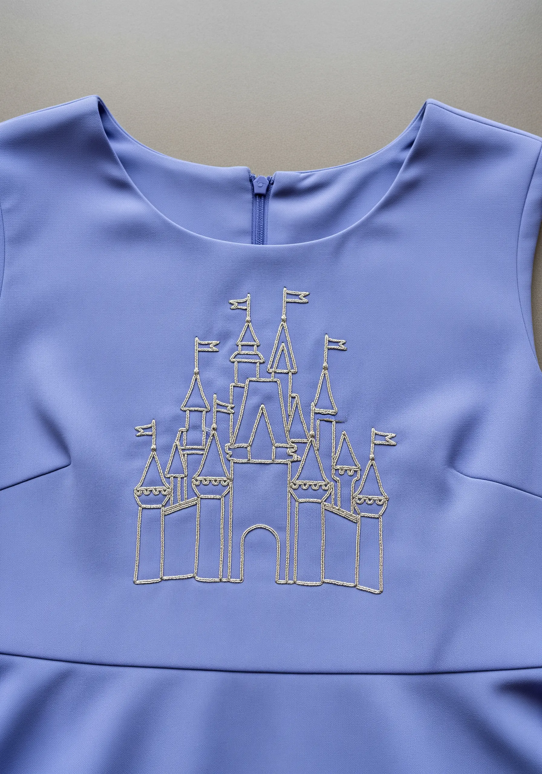 A minimalist castle outline stitched in gold metallic thread on a lavender dress.