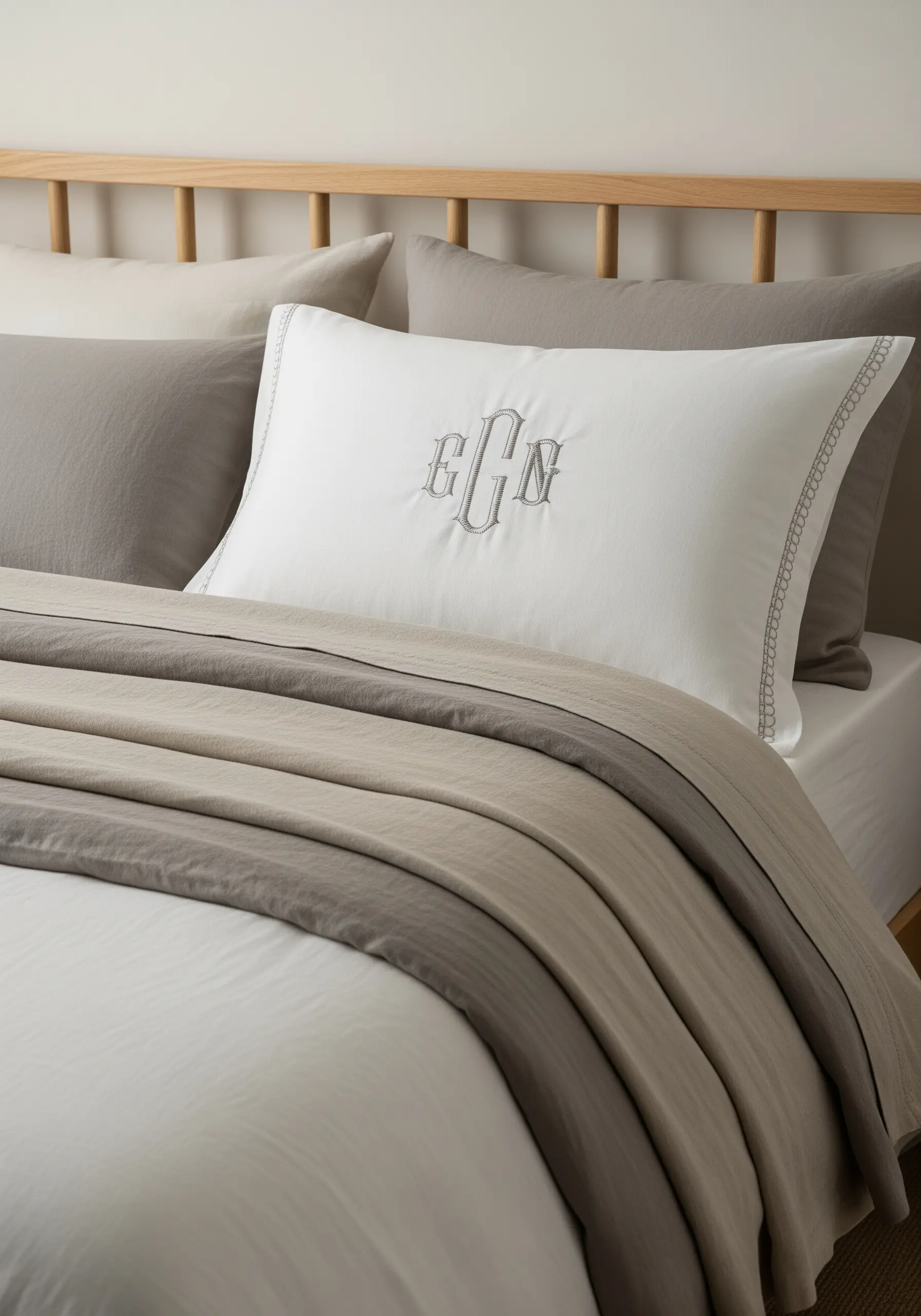A classic embroidered three-letter monogram with a decorative border on a white pillow sham.