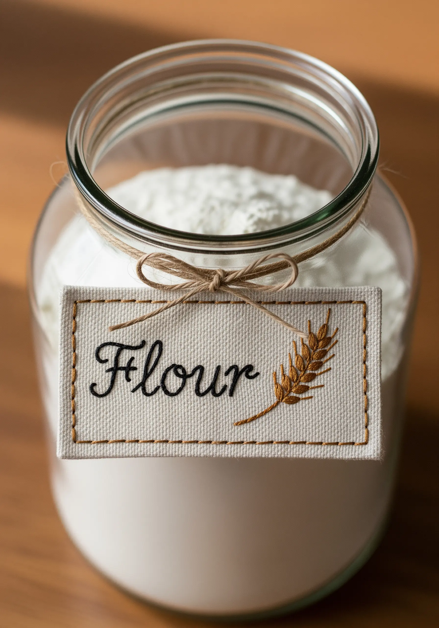 An embroidered canvas label with the word 'Flour' and a wheat stalk, tied to a glass jar.