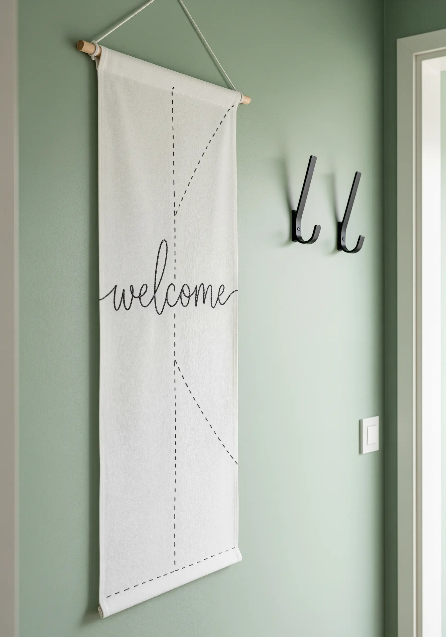 Embroidered 'welcome' in script on a long white fabric wall banner.