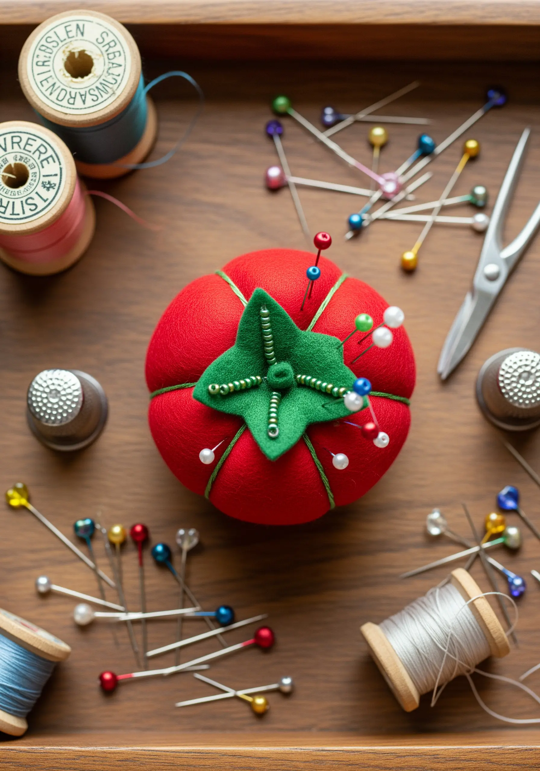 A classic red tomato pincushion with green felt leaves and decorative beading