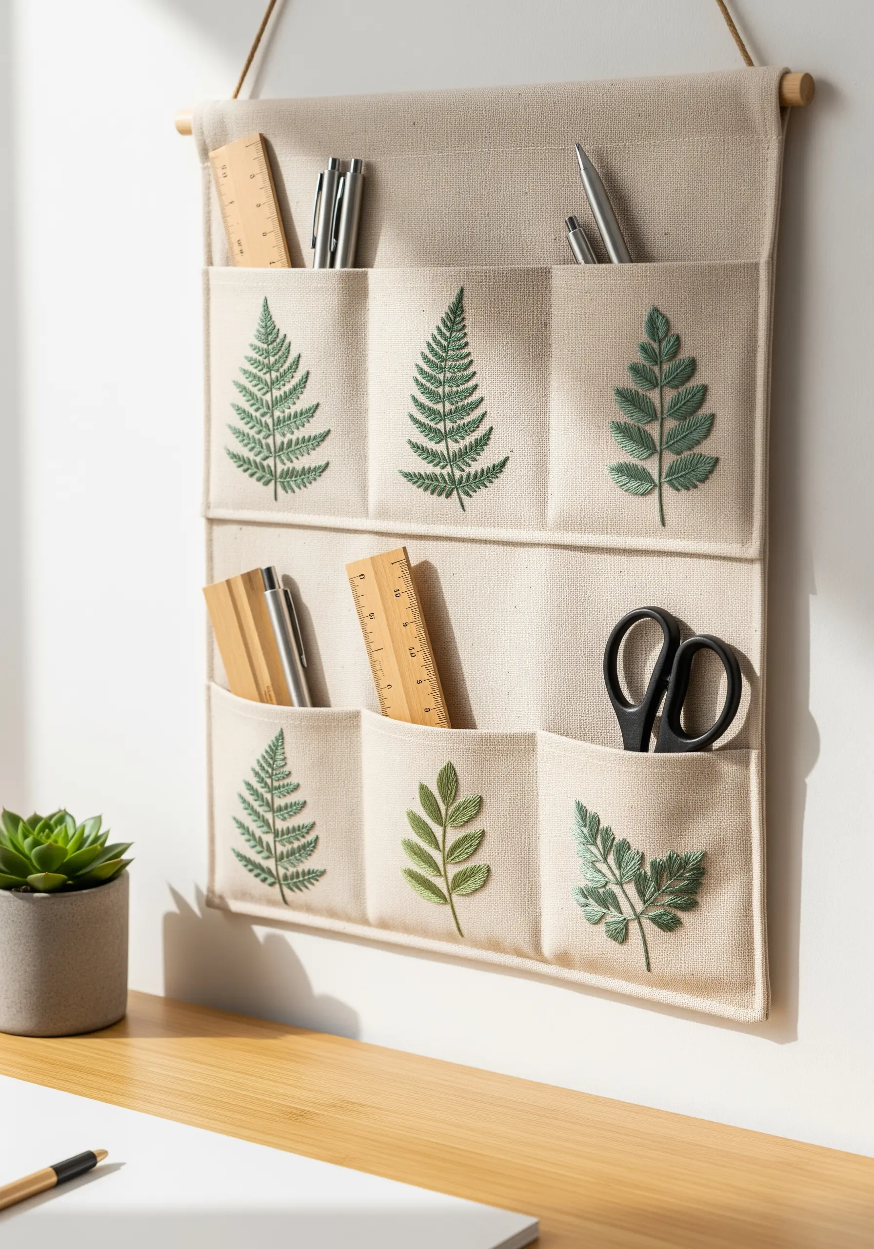 Canvas wall organizer with six pockets, each embroidered with a different green fern or leaf motif.