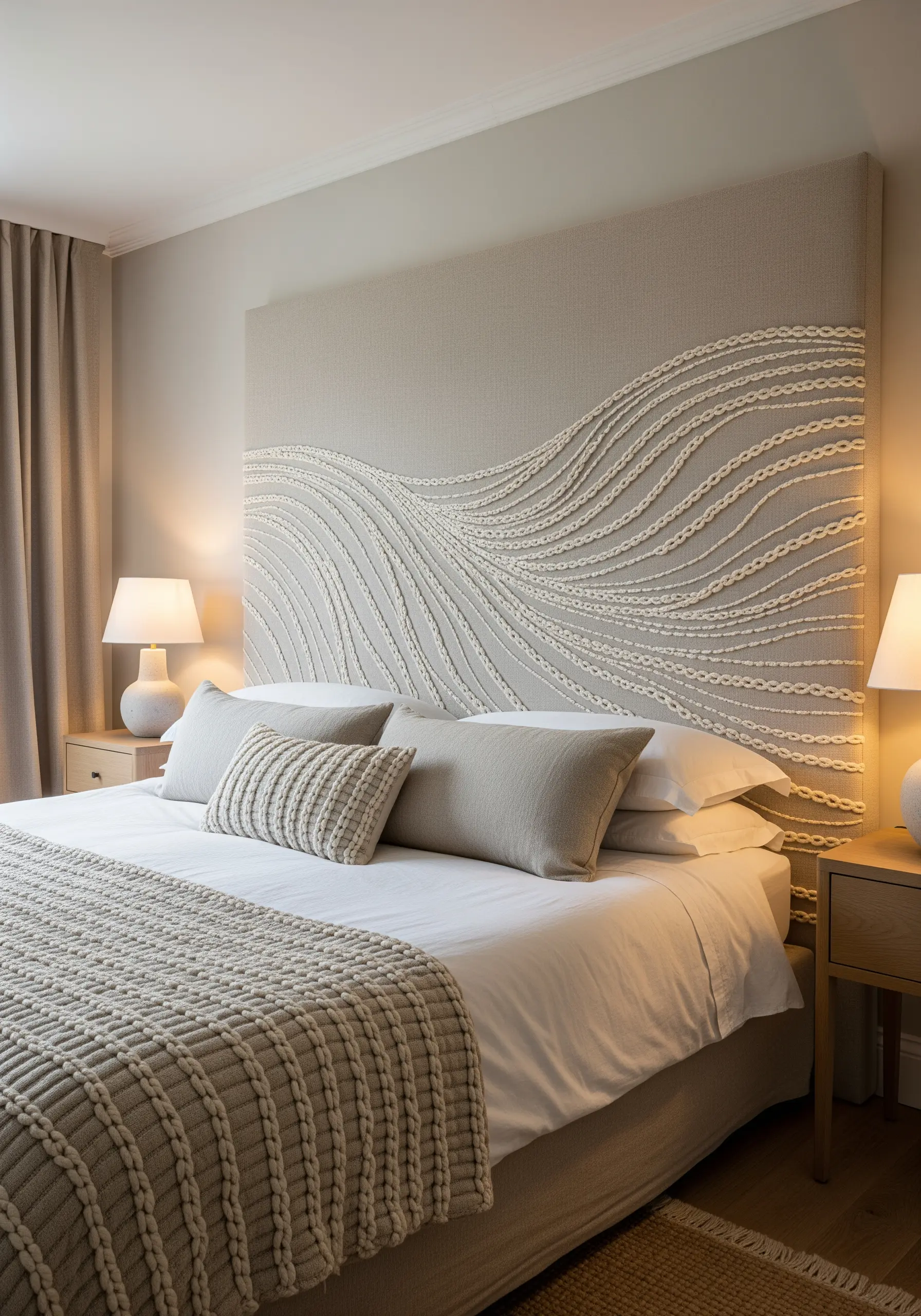 Upholstered neutral headboard decorated with thick, wavy lines of couched cord.
