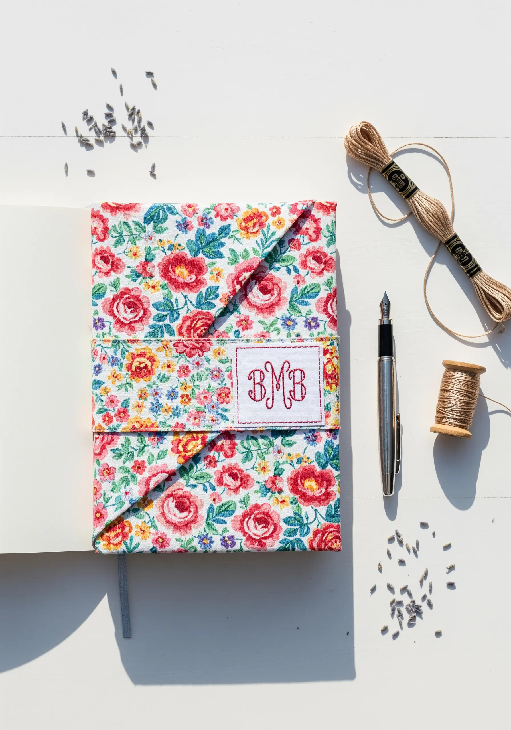 A floral fabric journal cover featuring a hand-embroidered monogram 'BMB'.